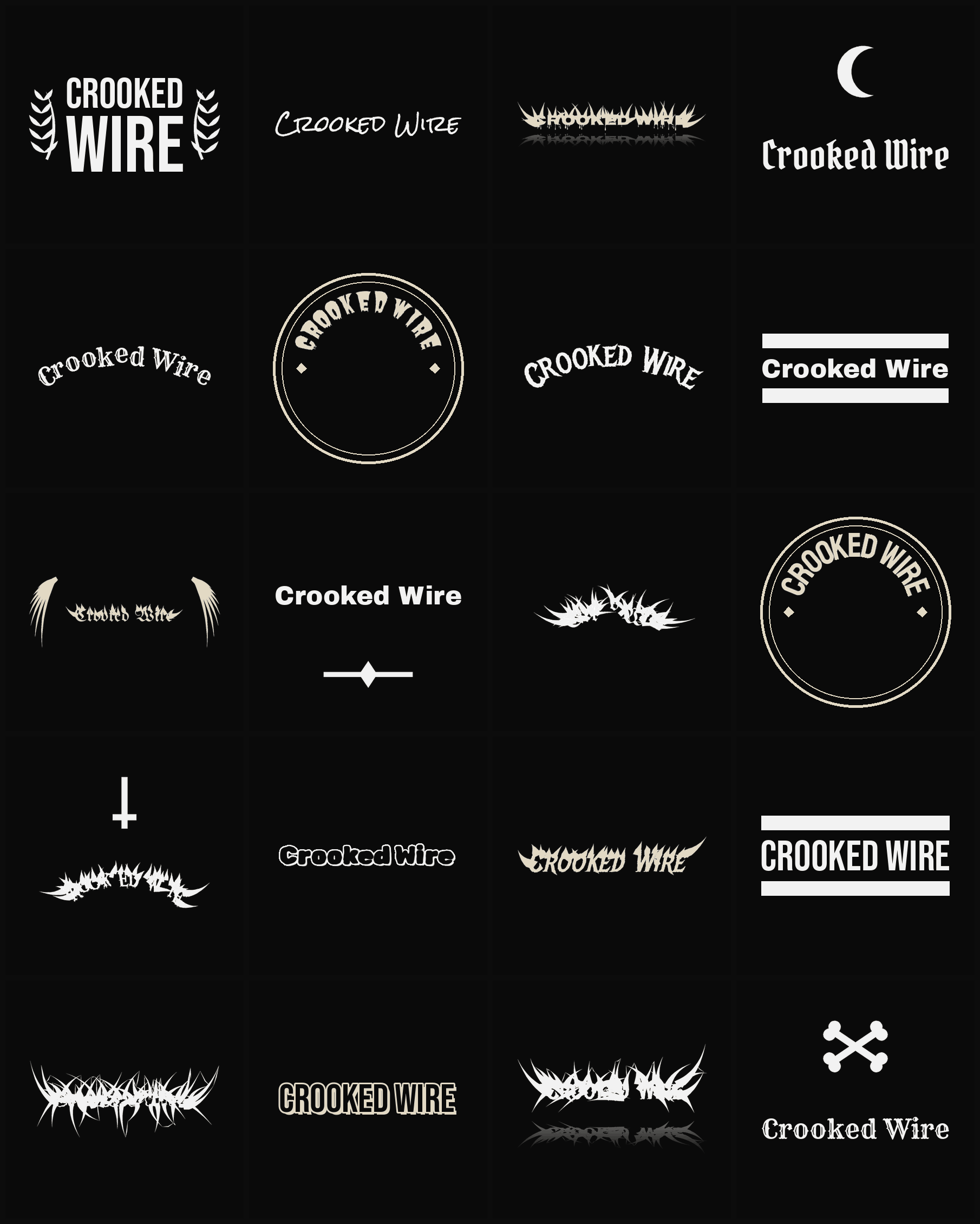 Twenty Crooked Wire band logo ideas — different faces, treatments and spike settings