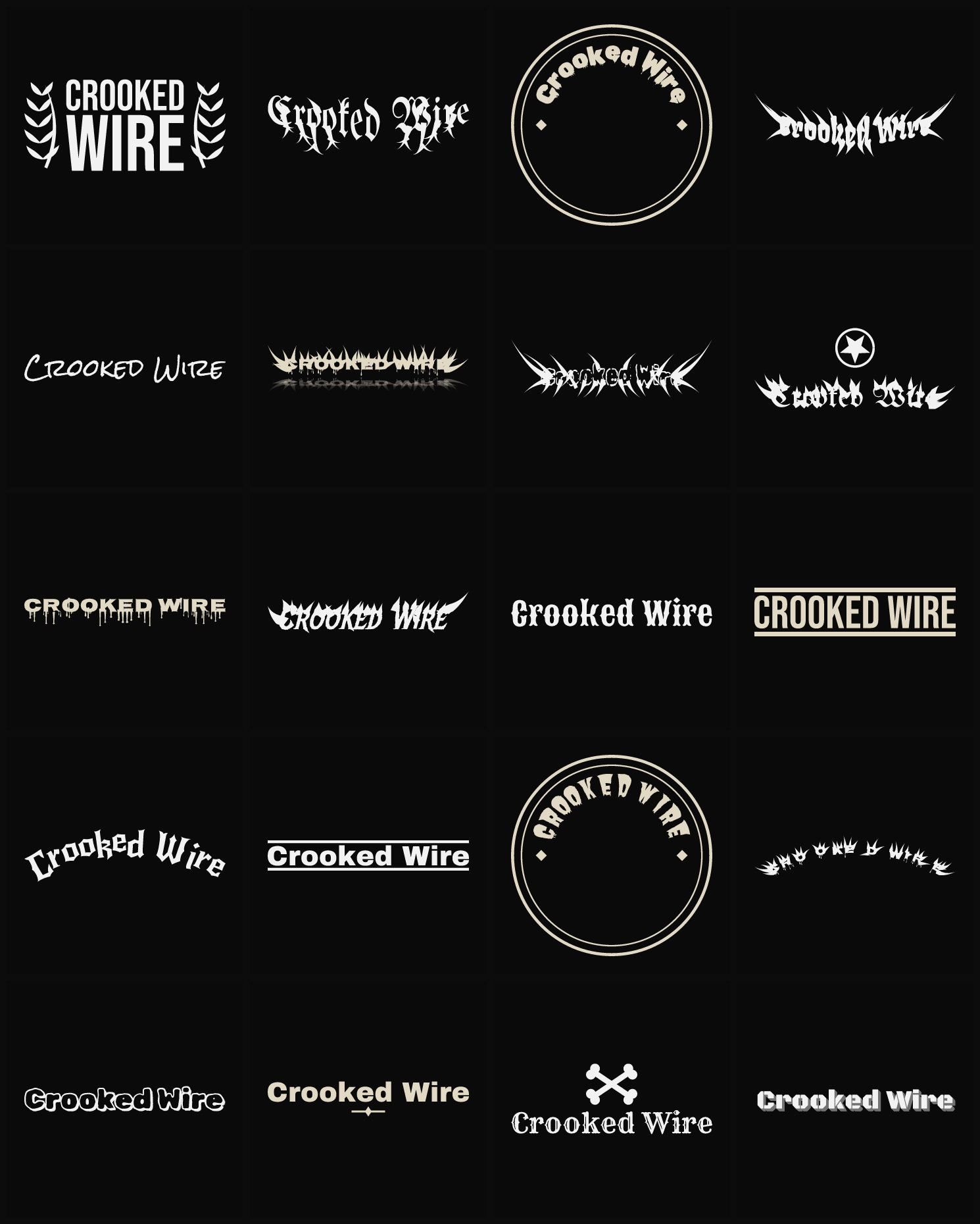Twenty Crooked Wire band logo ideas — different faces, treatments and spike settings