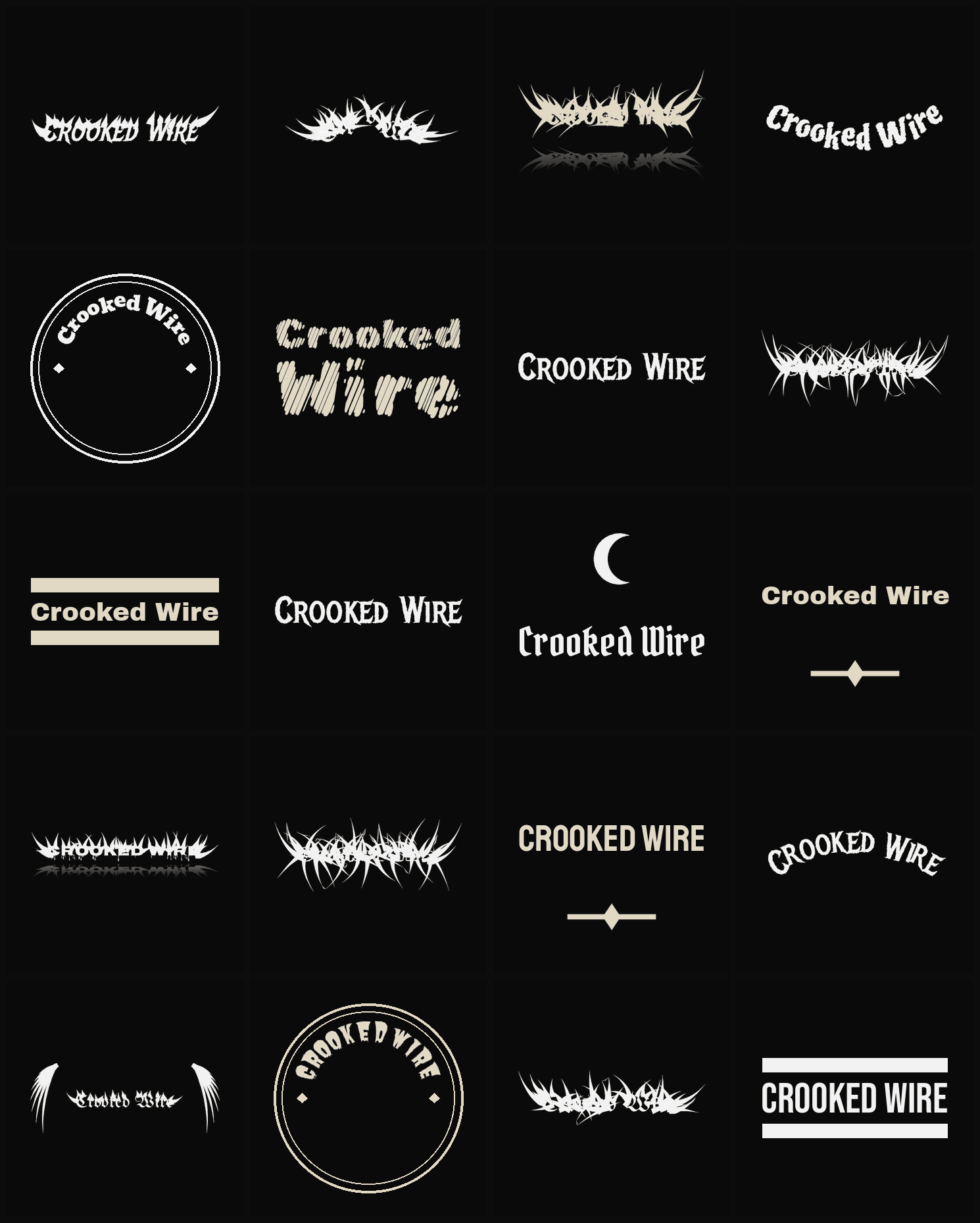 Twenty Crooked Wire band logo ideas — different faces, treatments and spike settings