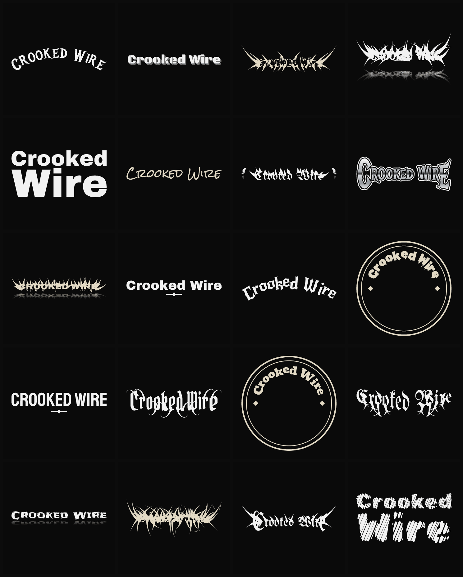 Twenty Crooked Wire band logo ideas — different faces, treatments and spike settings
