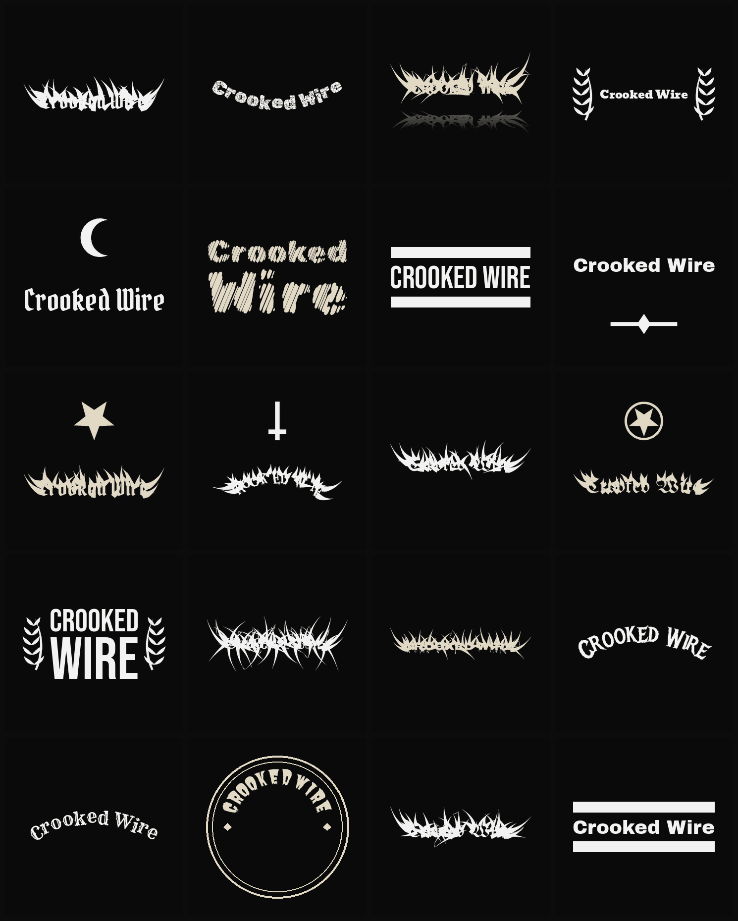 Twenty Crooked Wire band logo ideas — different faces, treatments and spike settings