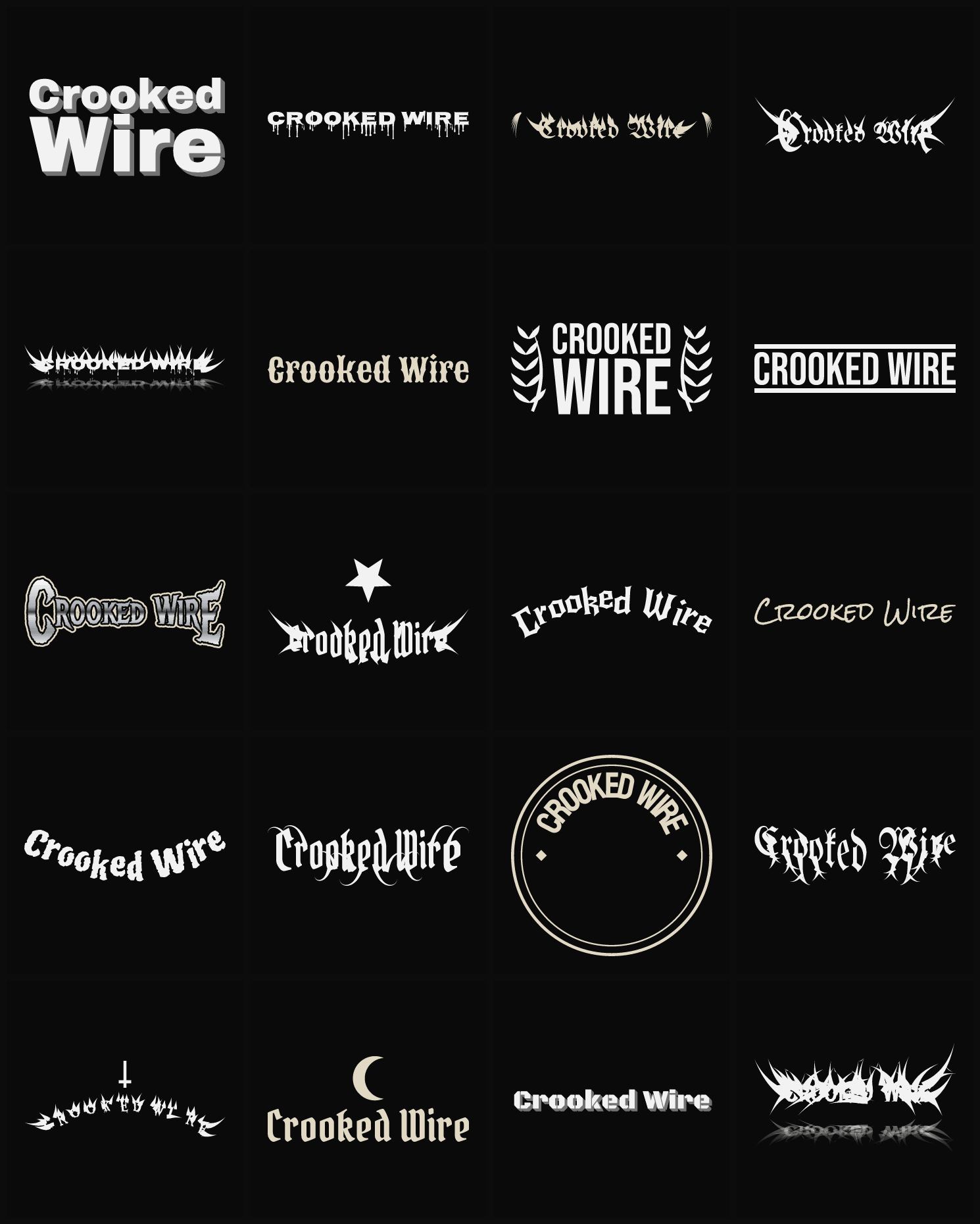 Twenty Crooked Wire band logo ideas — different faces, treatments and spike settings