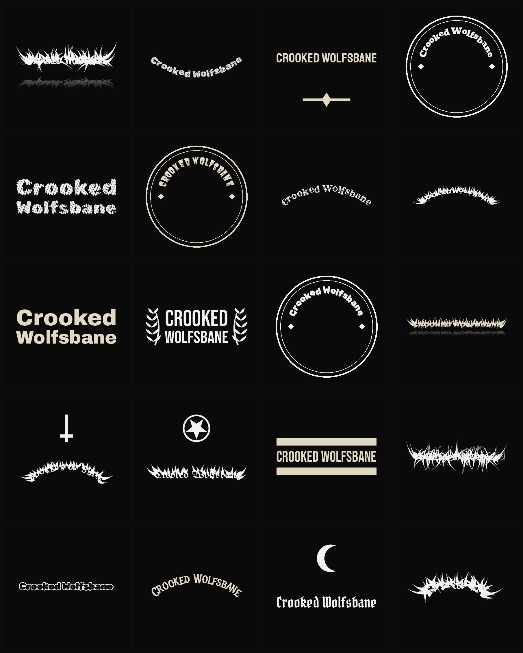 Twenty Crooked Wolfsbane band logo ideas — different faces, treatments and spike settings