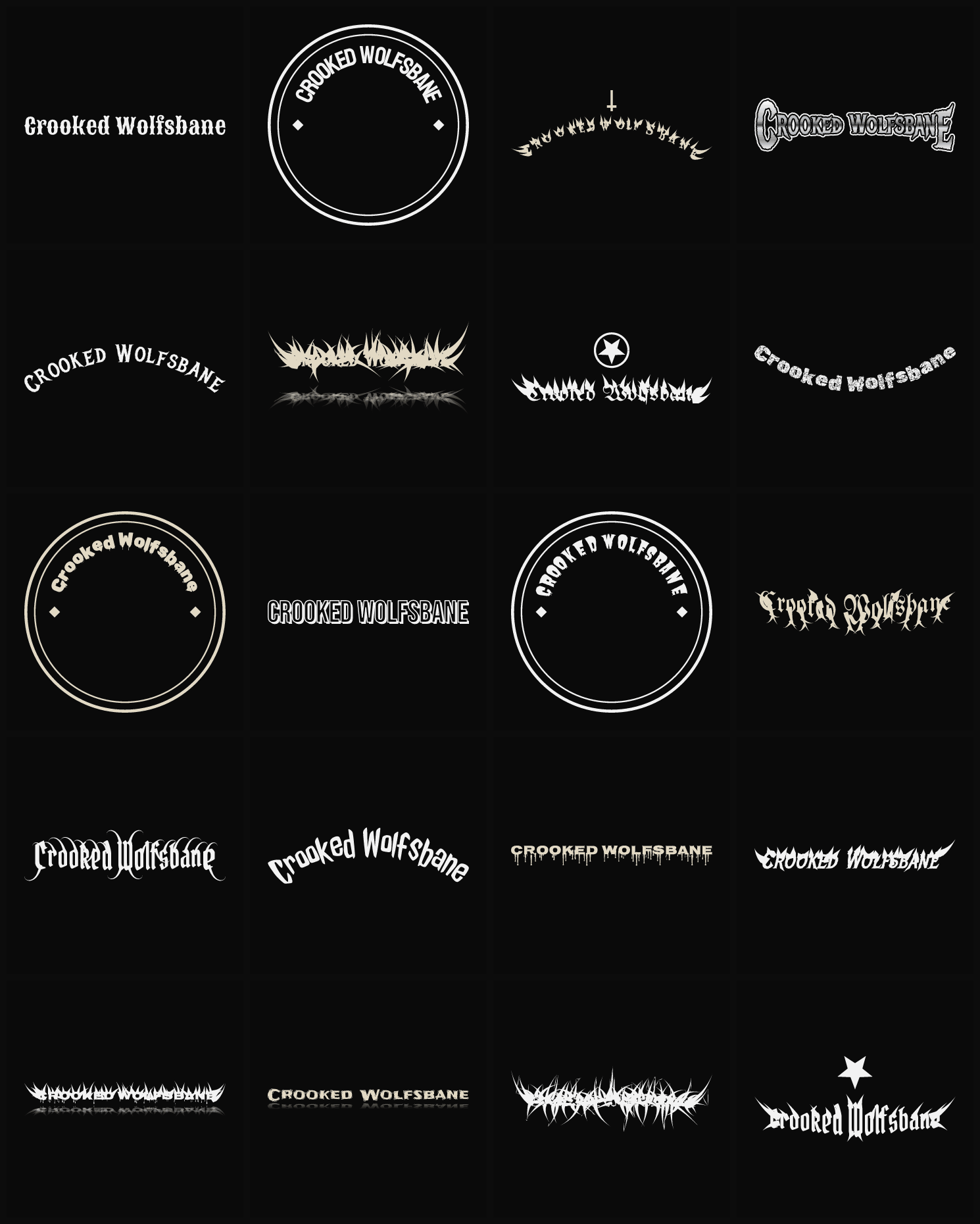 Twenty Crooked Wolfsbane band logo ideas — different faces, treatments and spike settings
