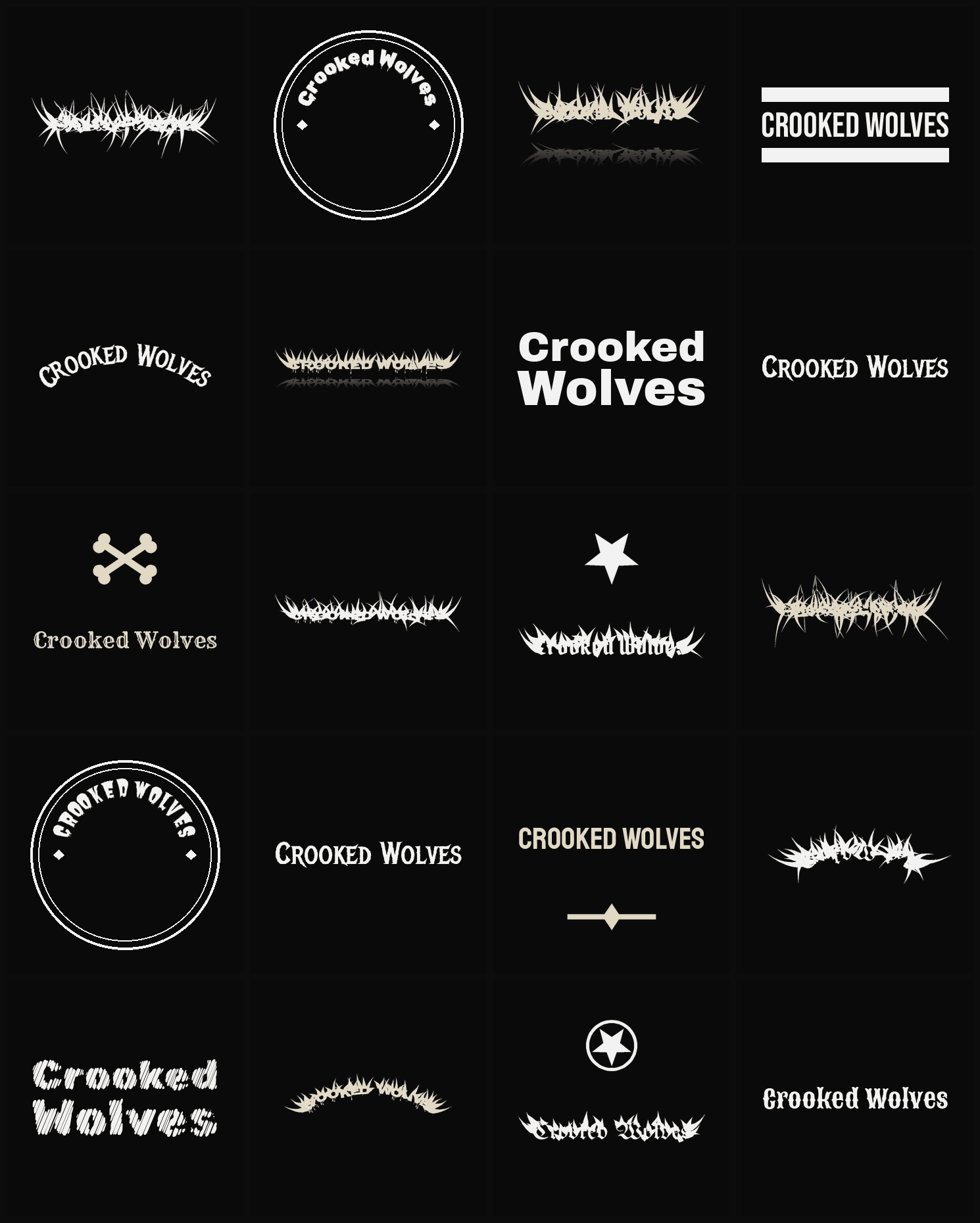 Twenty Crooked Wolves band logo ideas — different faces, treatments and spike settings