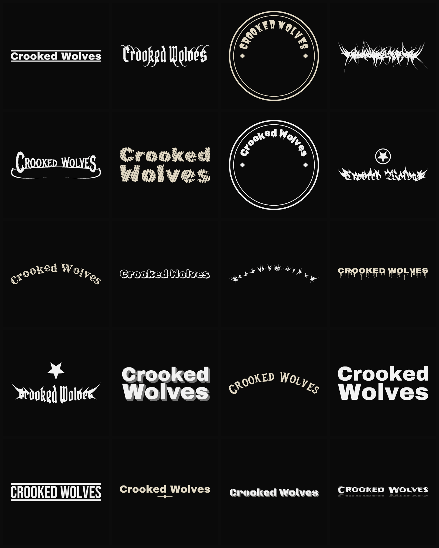 Twenty Crooked Wolves band logo ideas — different faces, treatments and spike settings