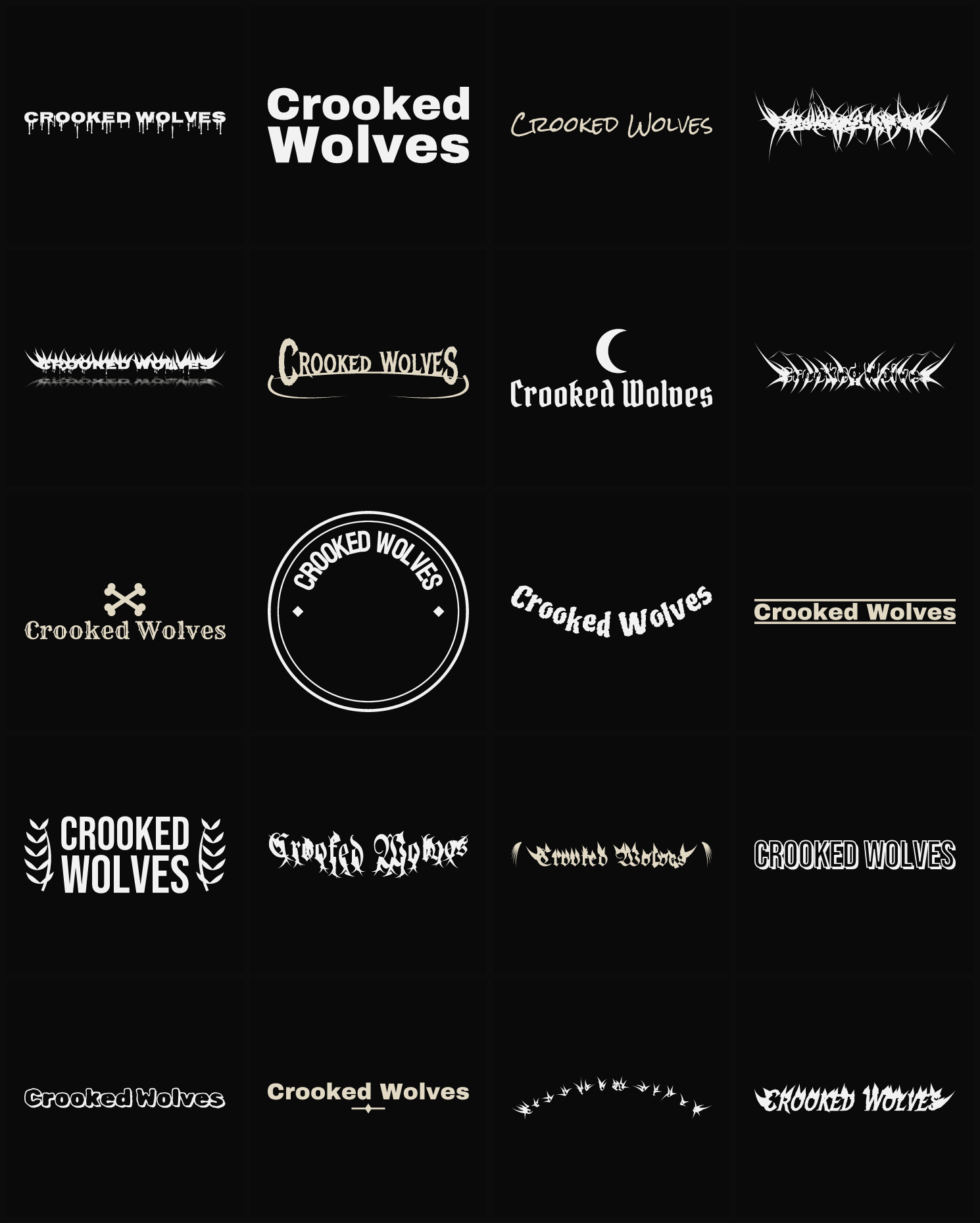 Twenty Crooked Wolves band logo ideas — different faces, treatments and spike settings