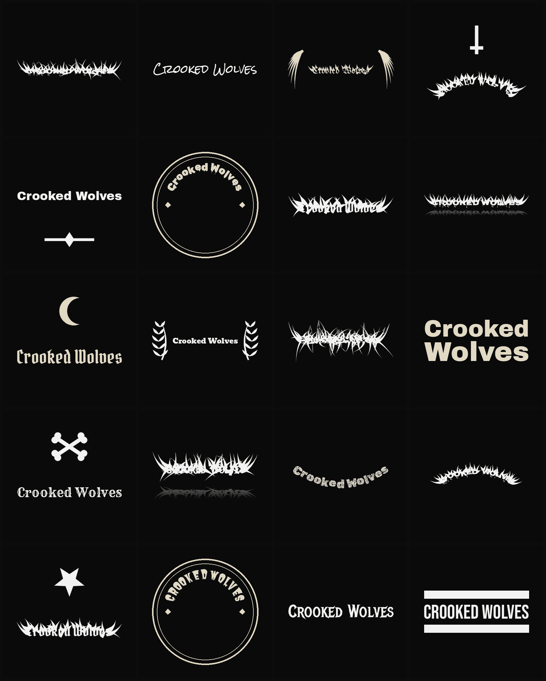 Twenty Crooked Wolves band logo ideas — different faces, treatments and spike settings