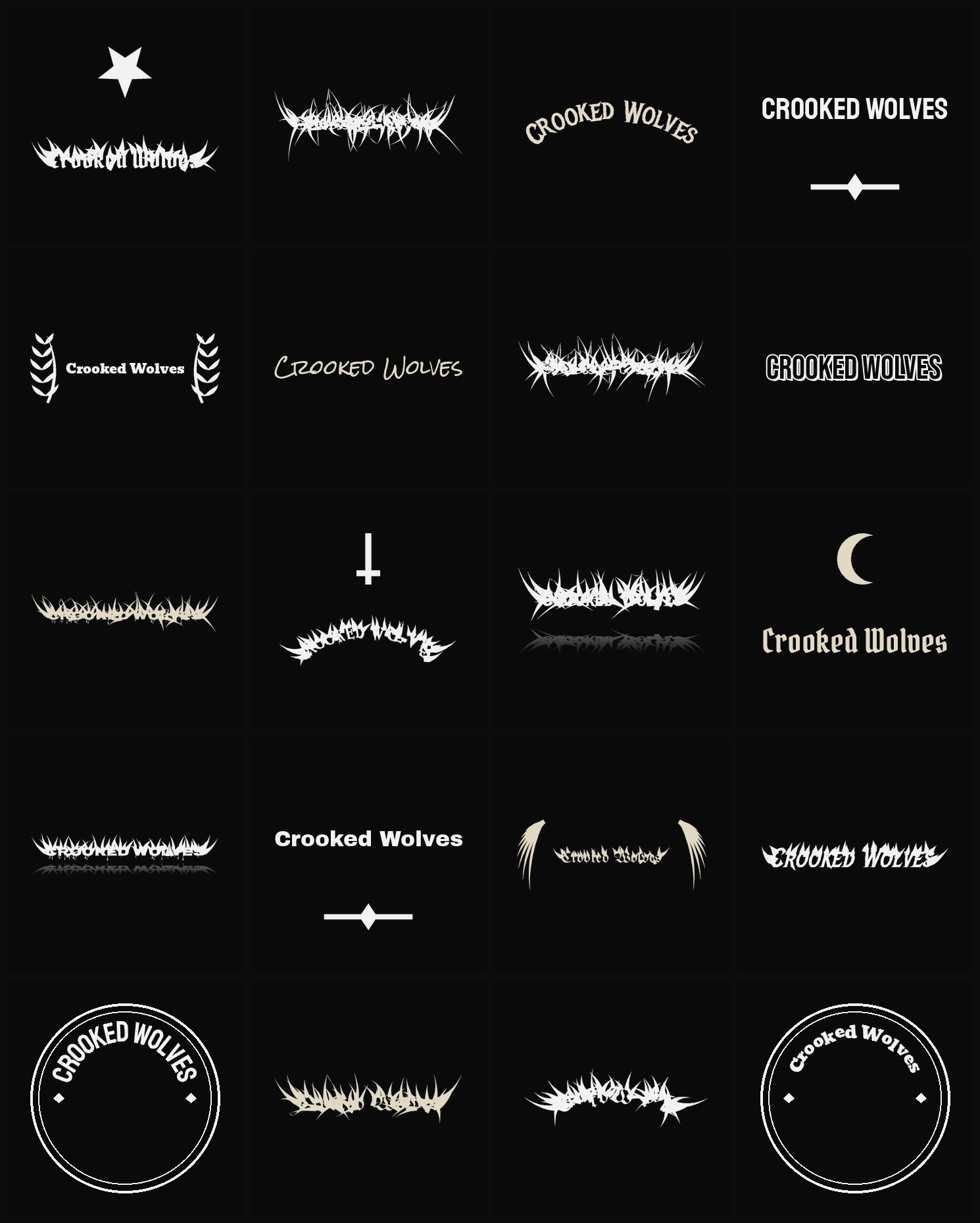Twenty Crooked Wolves band logo ideas — different faces, treatments and spike settings
