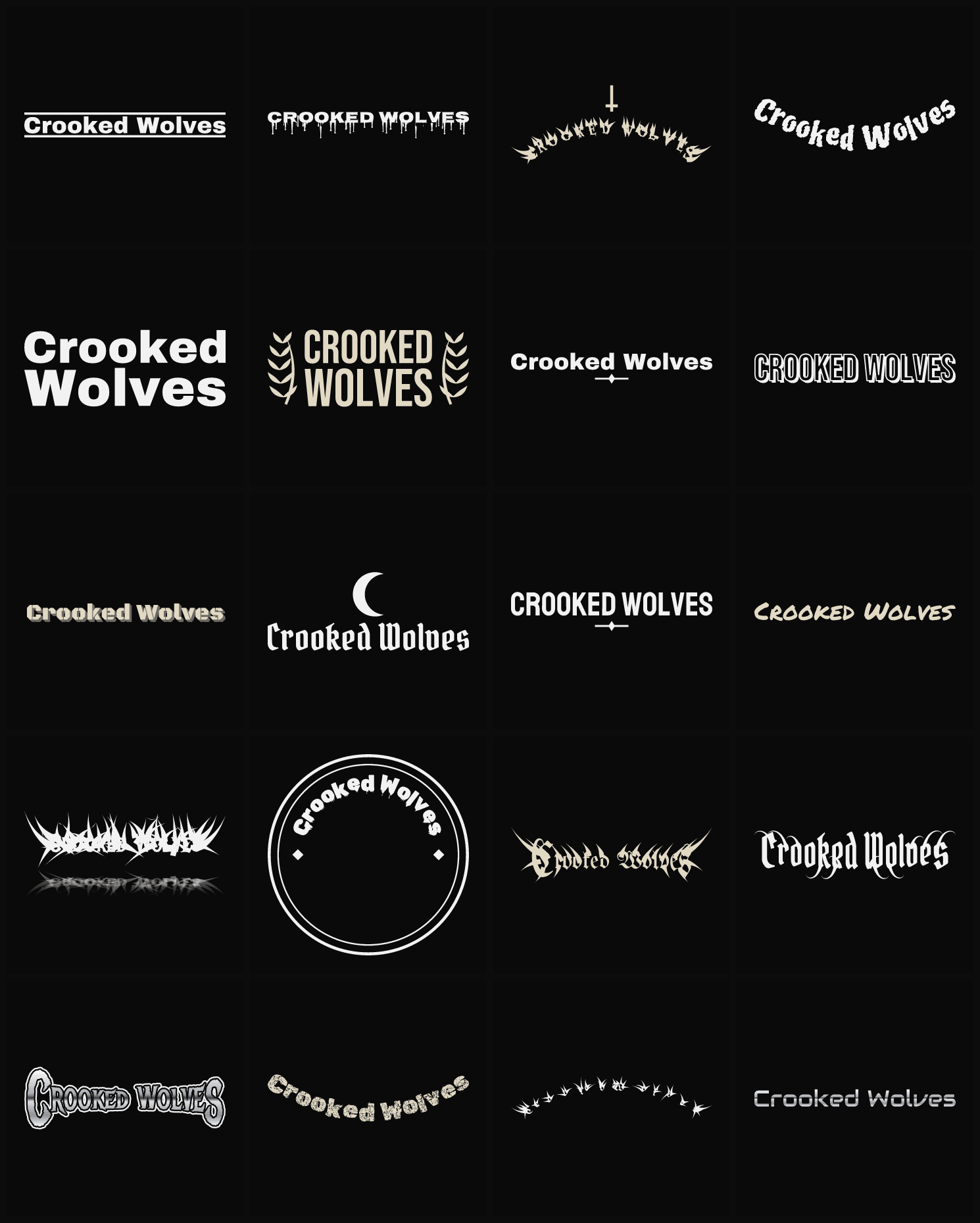 Twenty Crooked Wolves band logo ideas — different faces, treatments and spike settings