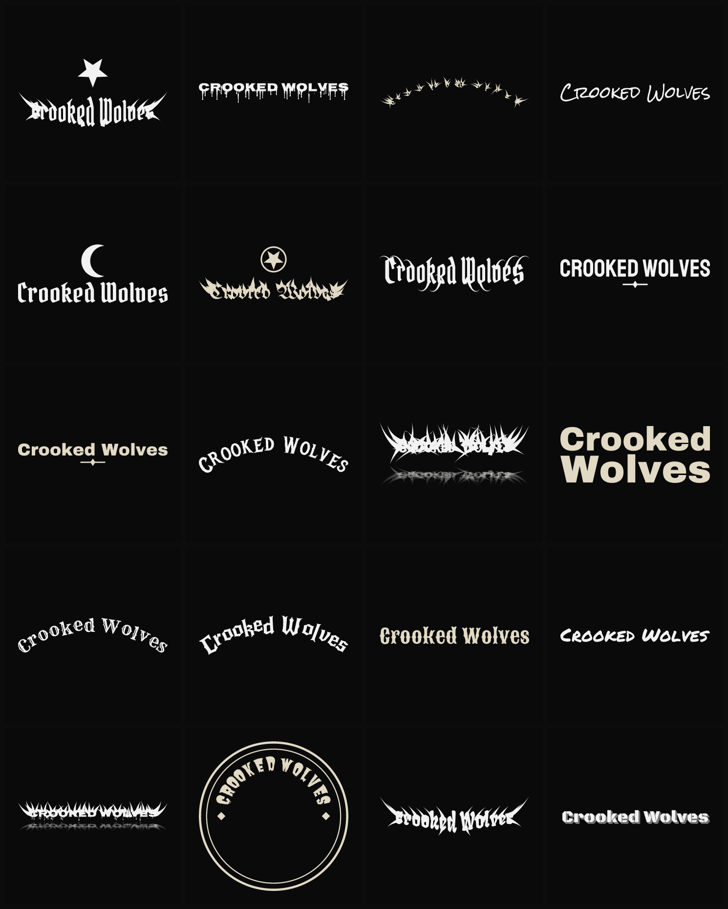 Twenty Crooked Wolves band logo ideas — different faces, treatments and spike settings