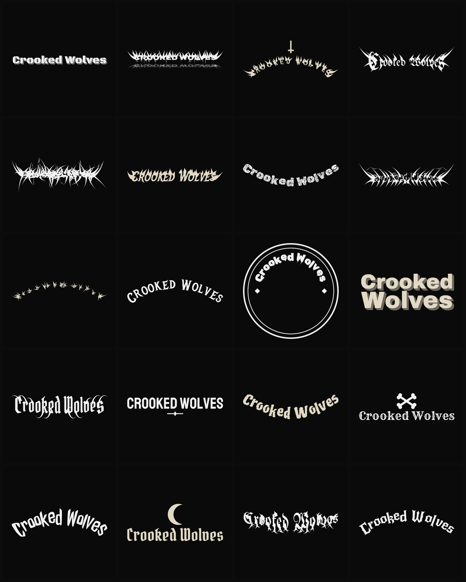 Twenty Crooked Wolves band logo ideas — different faces, treatments and spike settings
