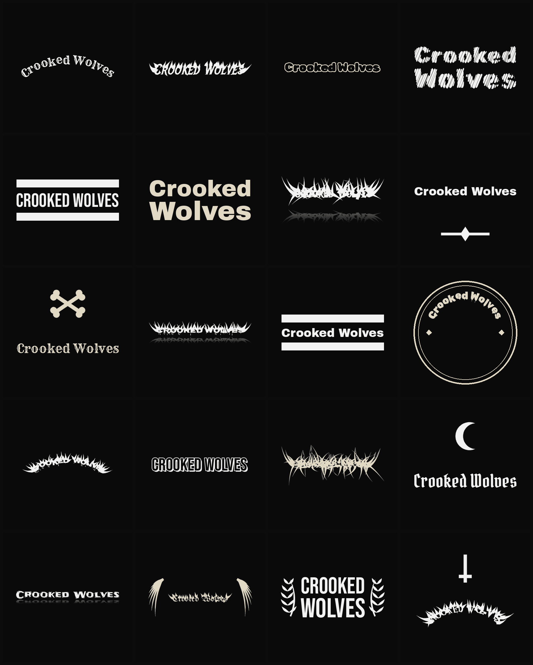 Twenty Crooked Wolves band logo ideas — different faces, treatments and spike settings