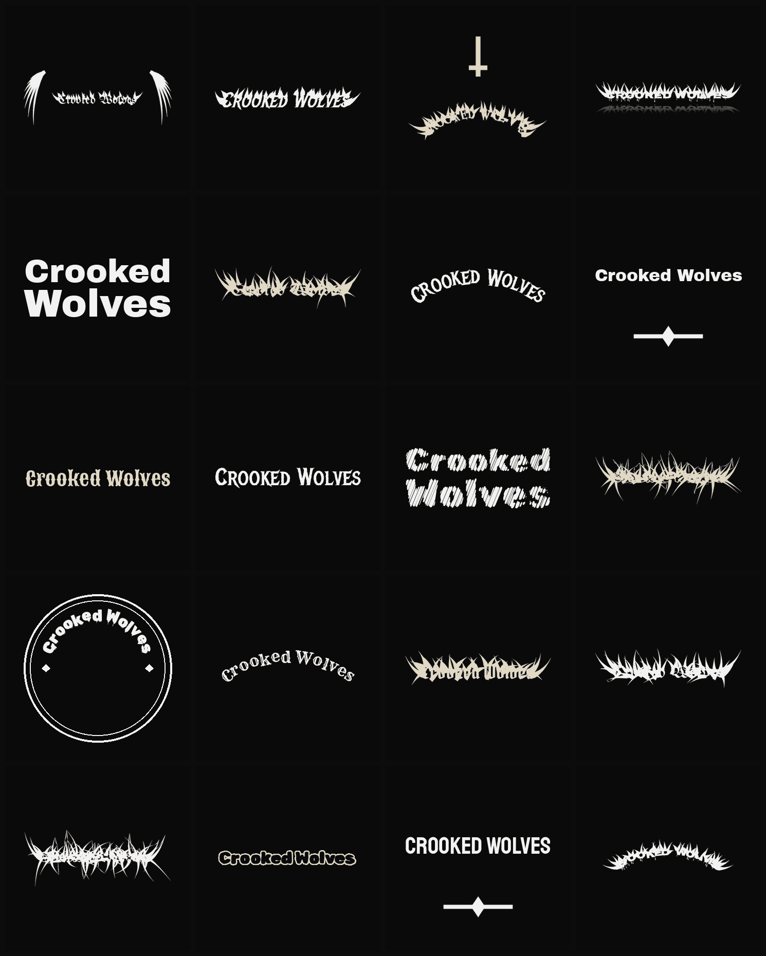 Twenty Crooked Wolves band logo ideas — different faces, treatments and spike settings