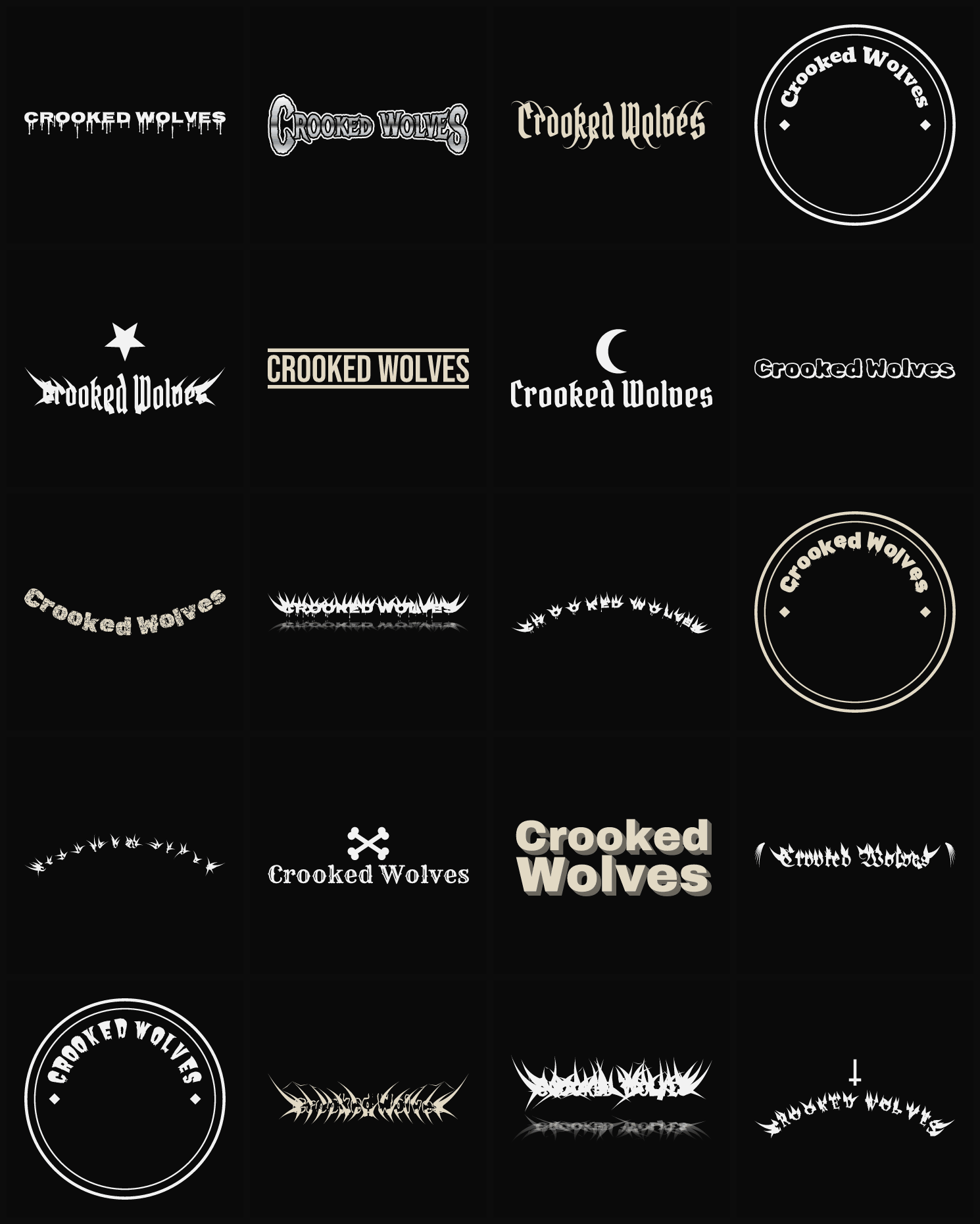 Twenty Crooked Wolves band logo ideas — different faces, treatments and spike settings