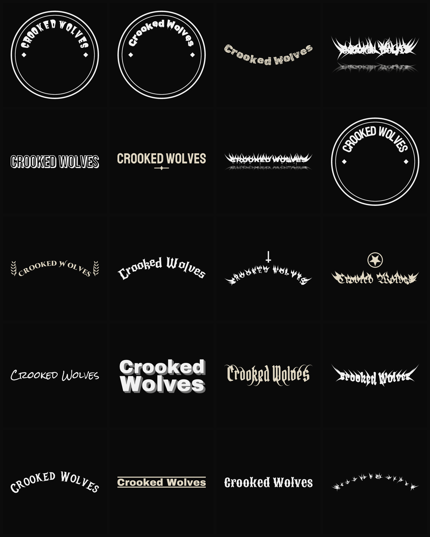 Twenty Crooked Wolves band logo ideas — different faces, treatments and spike settings