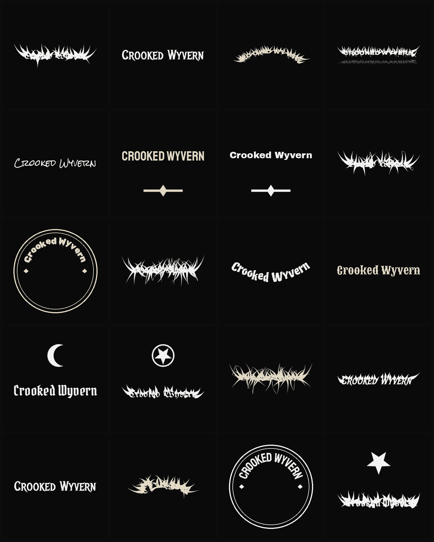 Twenty Crooked Wyvern band logo ideas — different faces, treatments and spike settings