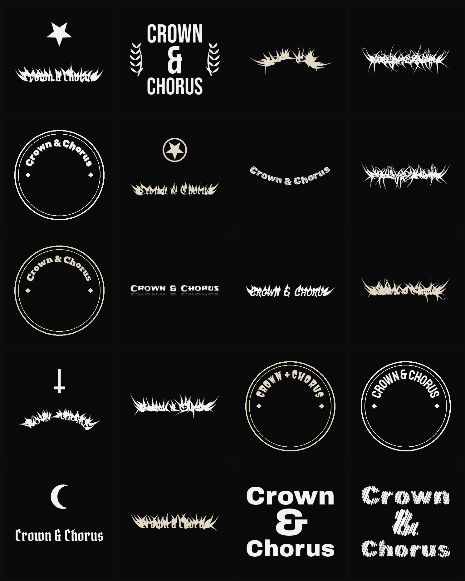 Twenty Crown & Chorus band logo ideas — different faces, treatments and spike settings