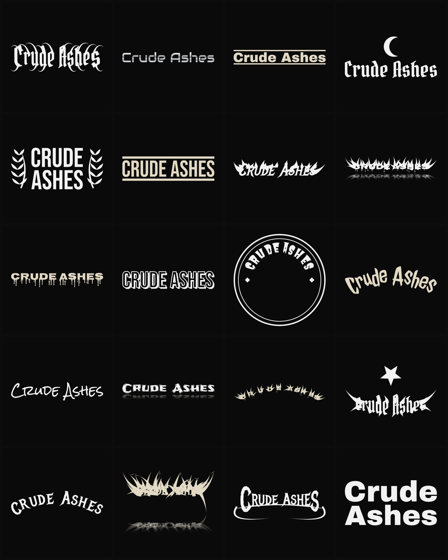 Twenty Crude Ashes band logo ideas — different faces, treatments and spike settings