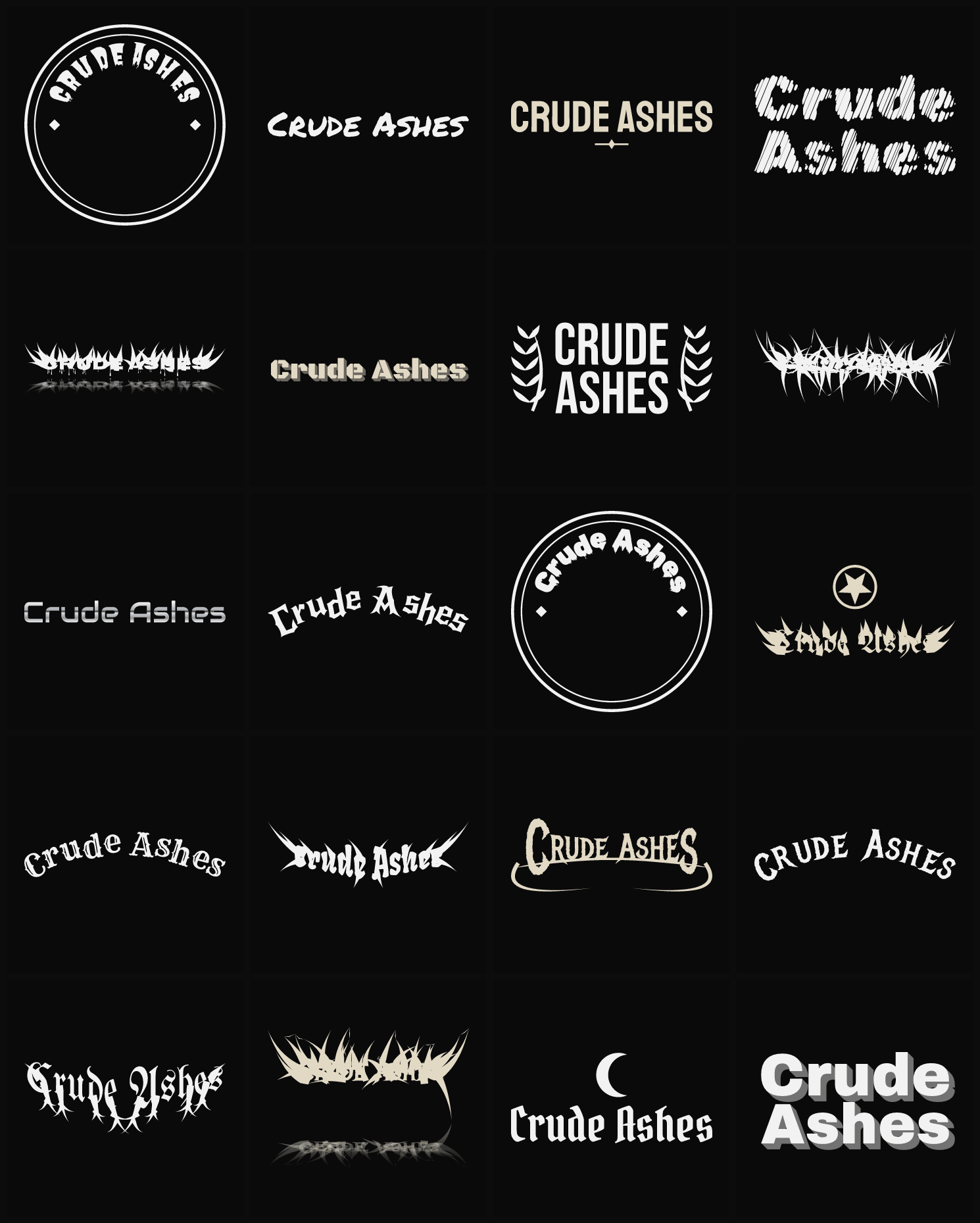 Twenty Crude Ashes band logo ideas — different faces, treatments and spike settings