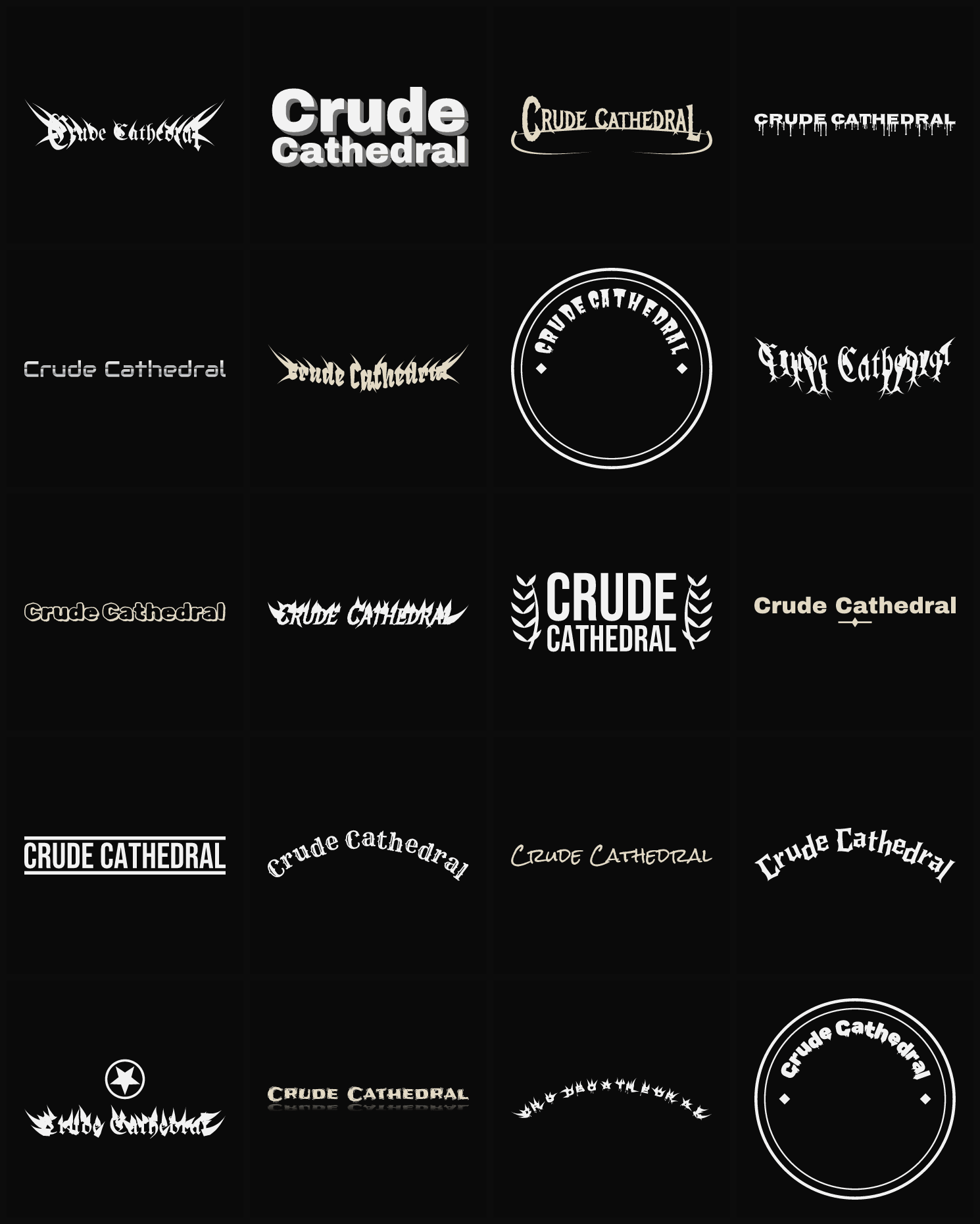 Twenty Crude Cathedral band logo ideas — different faces, treatments and spike settings