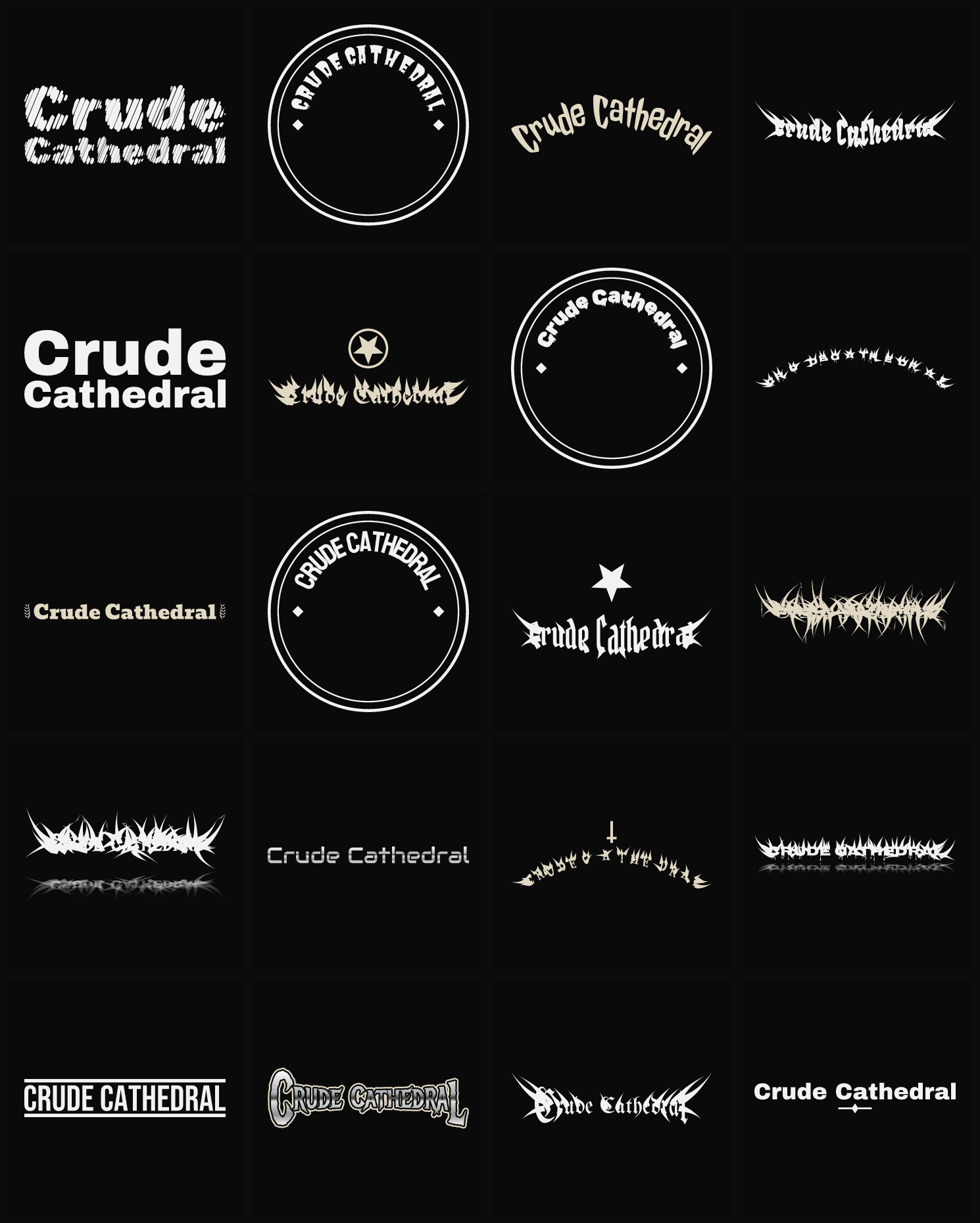 Twenty Crude Cathedral band logo ideas — different faces, treatments and spike settings