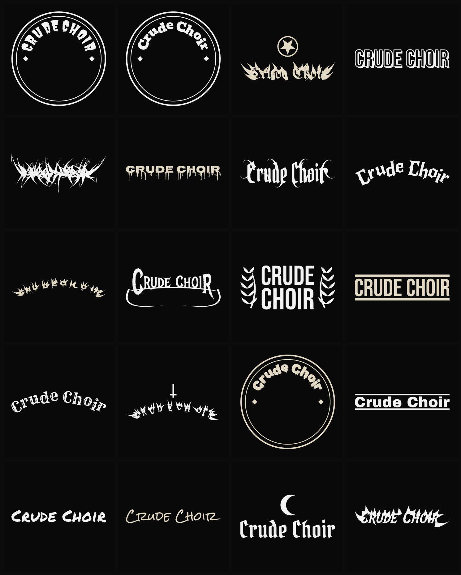 Twenty Crude Choir band logo ideas — different faces, treatments and spike settings
