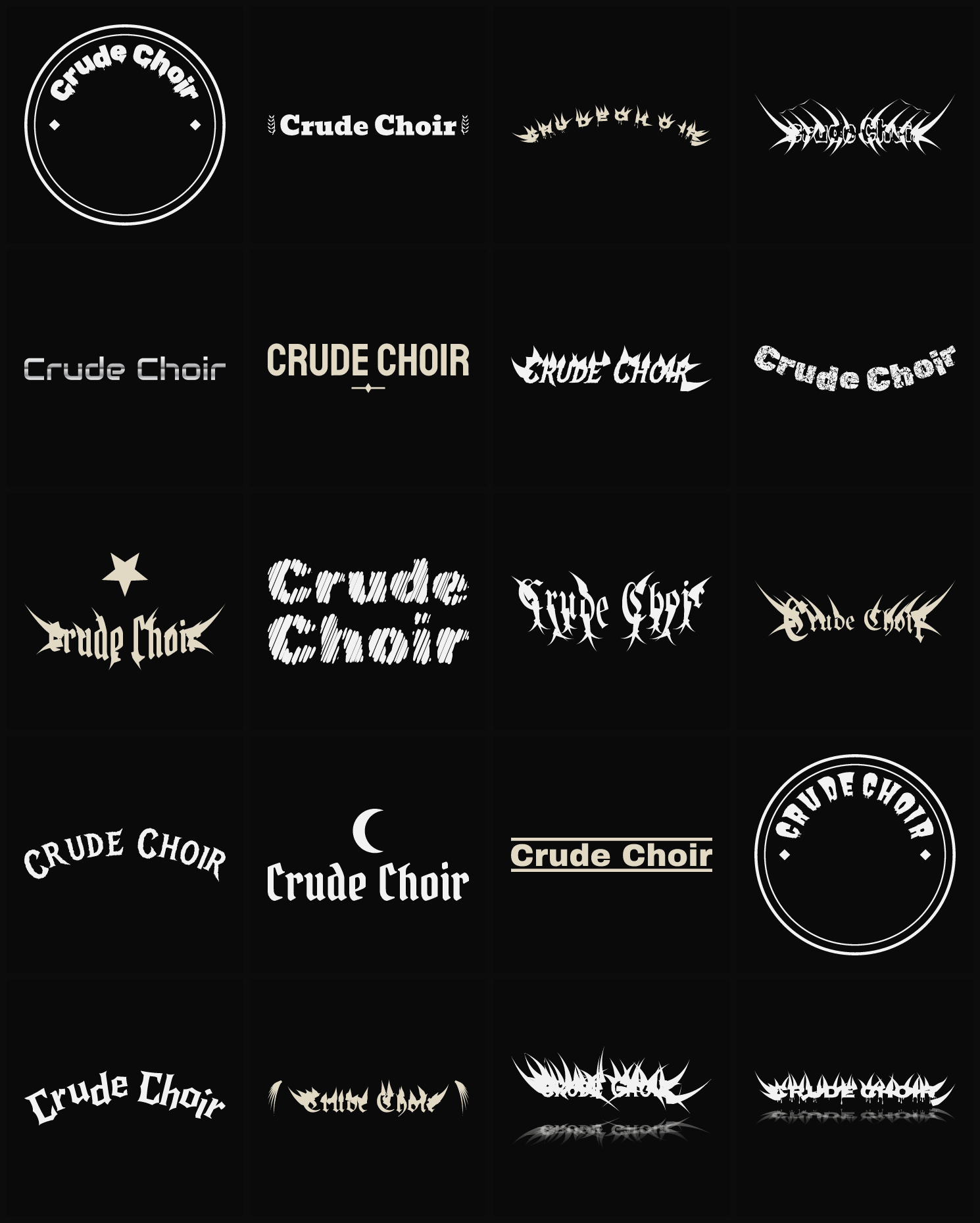 Twenty Crude Choir band logo ideas — different faces, treatments and spike settings