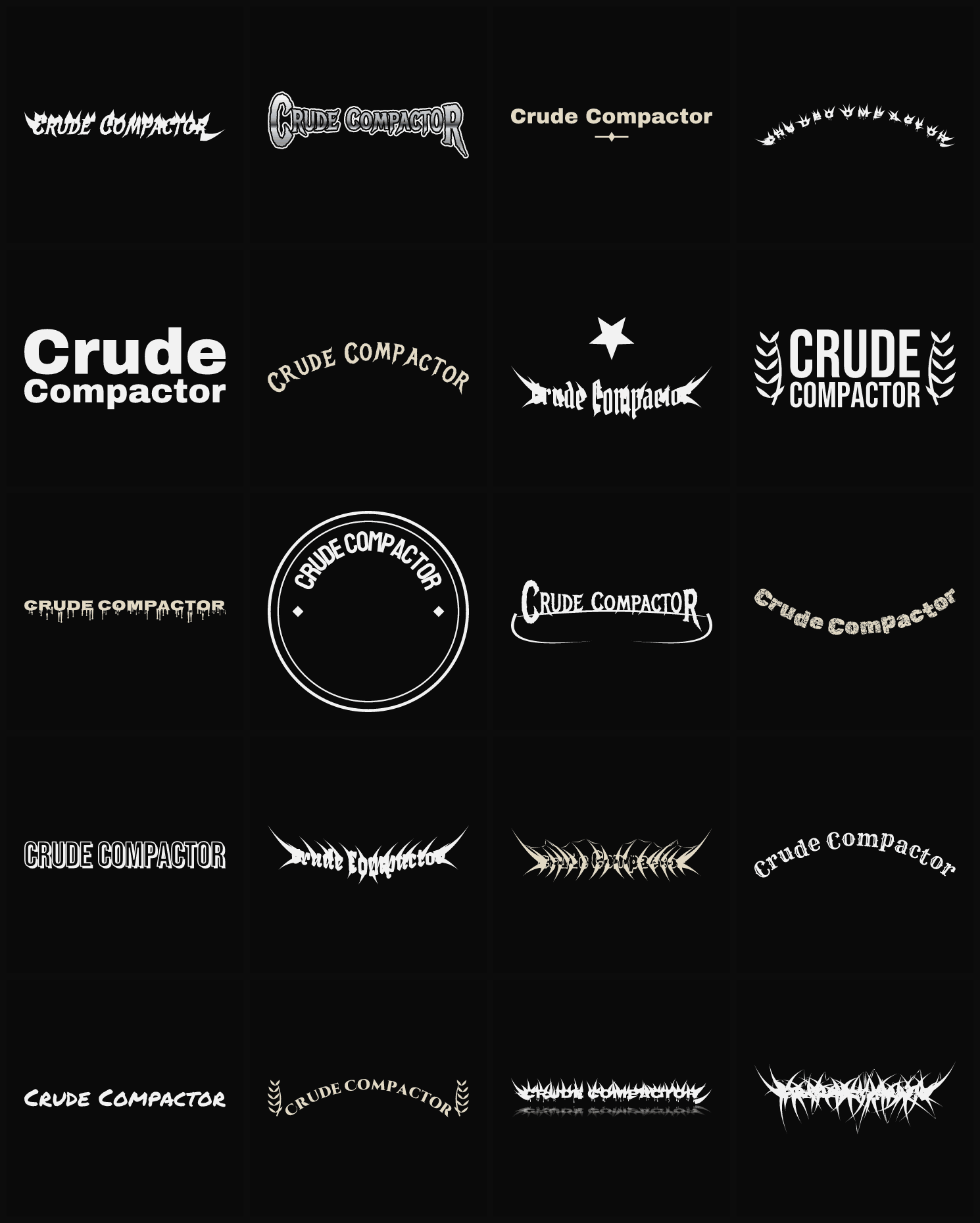 Twenty Crude Compactor band logo ideas — different faces, treatments and spike settings