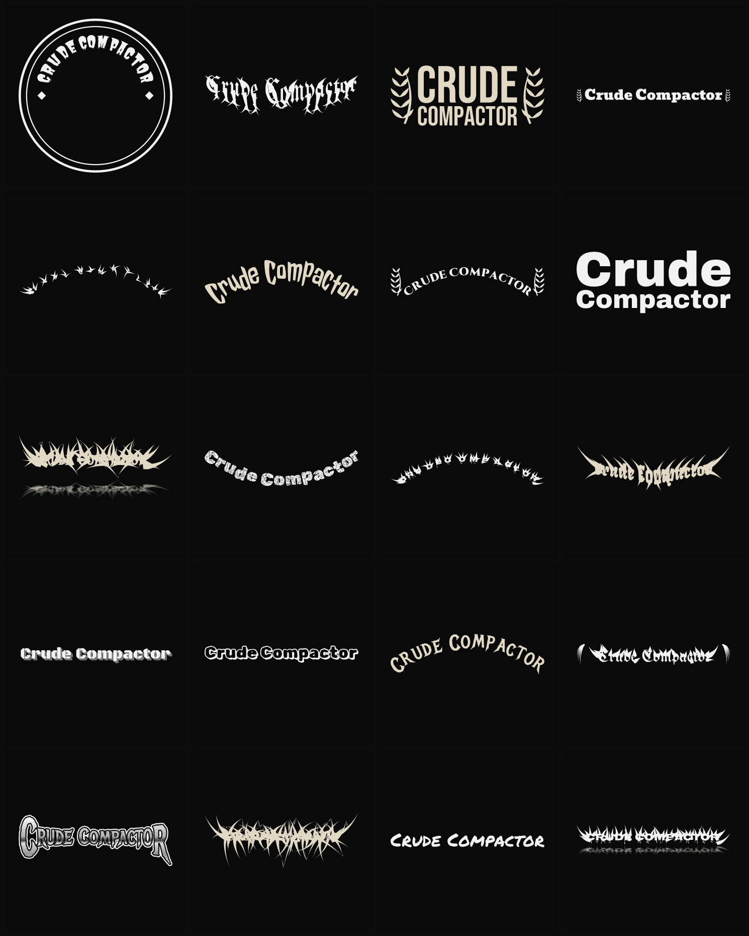 Twenty Crude Compactor band logo ideas — different faces, treatments and spike settings