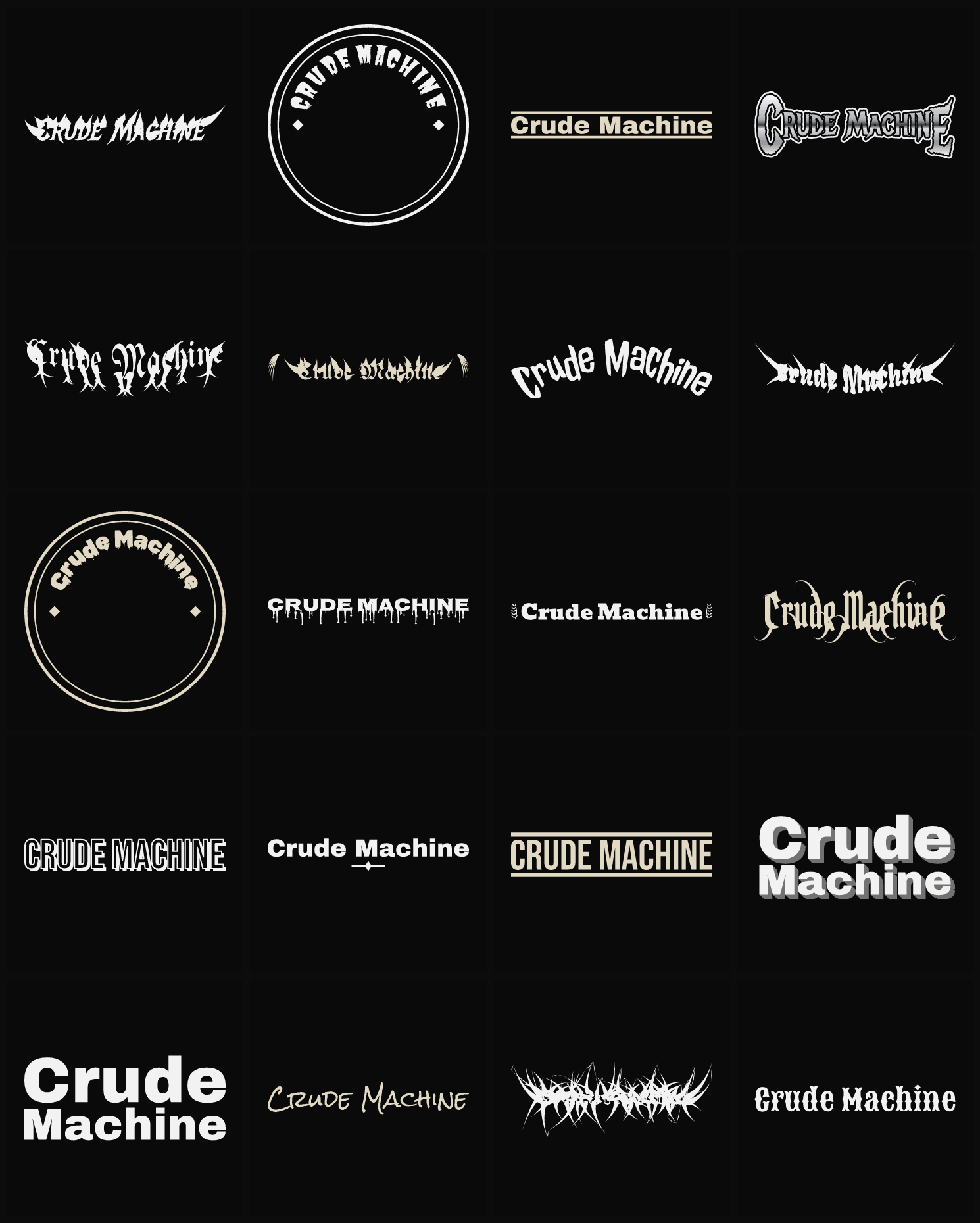 Twenty Crude Machine band logo ideas — different faces, treatments and spike settings