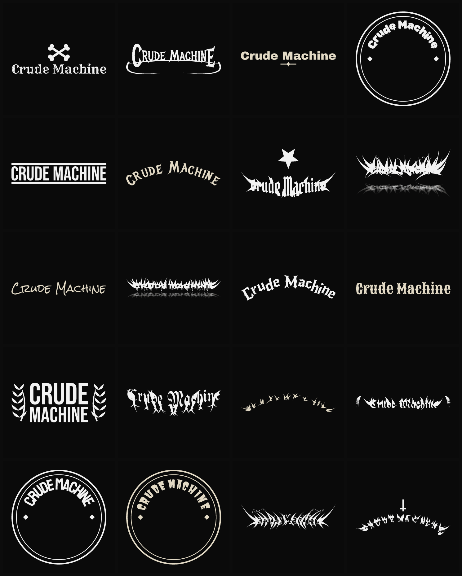 Twenty Crude Machine band logo ideas — different faces, treatments and spike settings