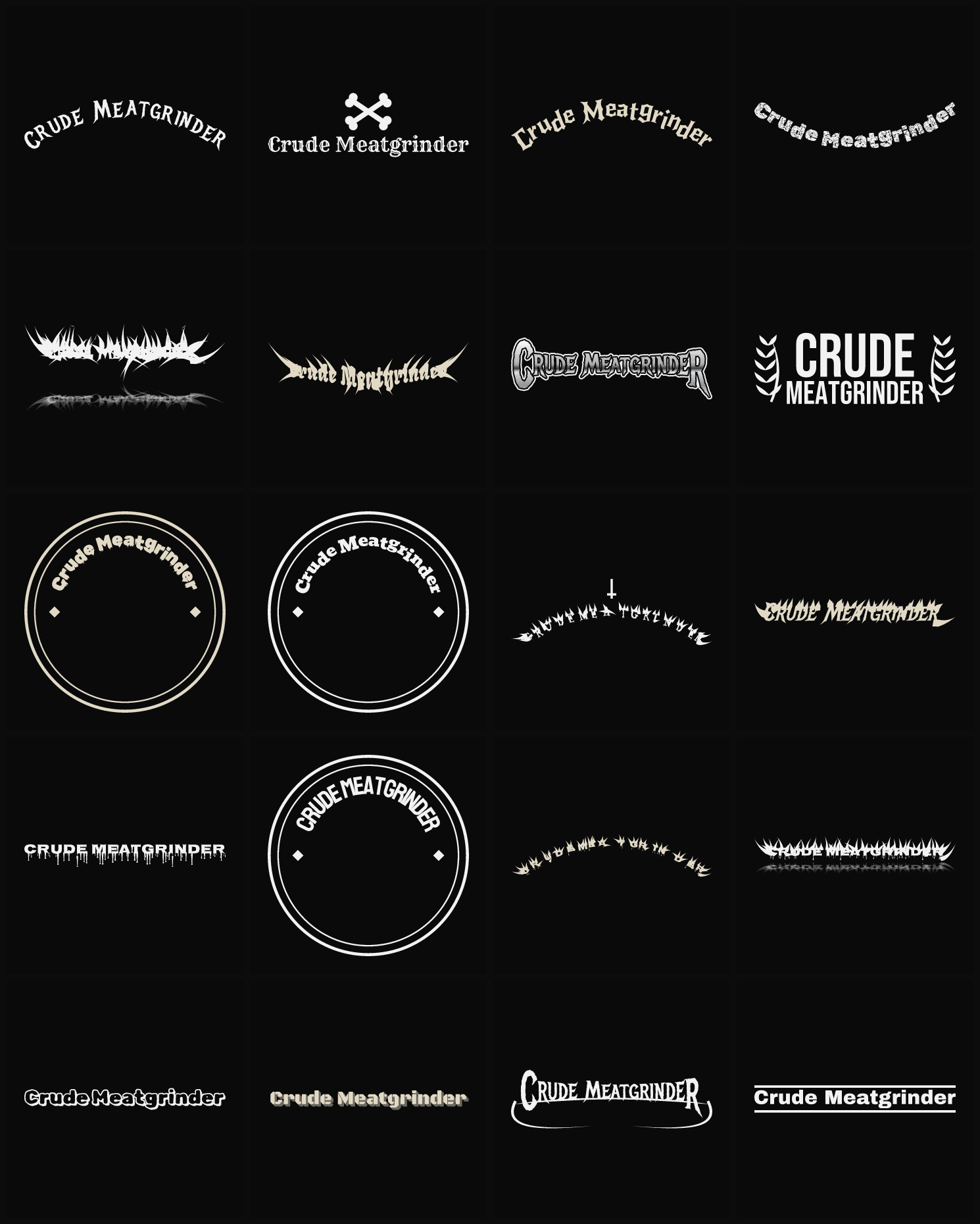 Twenty Crude Meatgrinder band logo ideas — different faces, treatments and spike settings