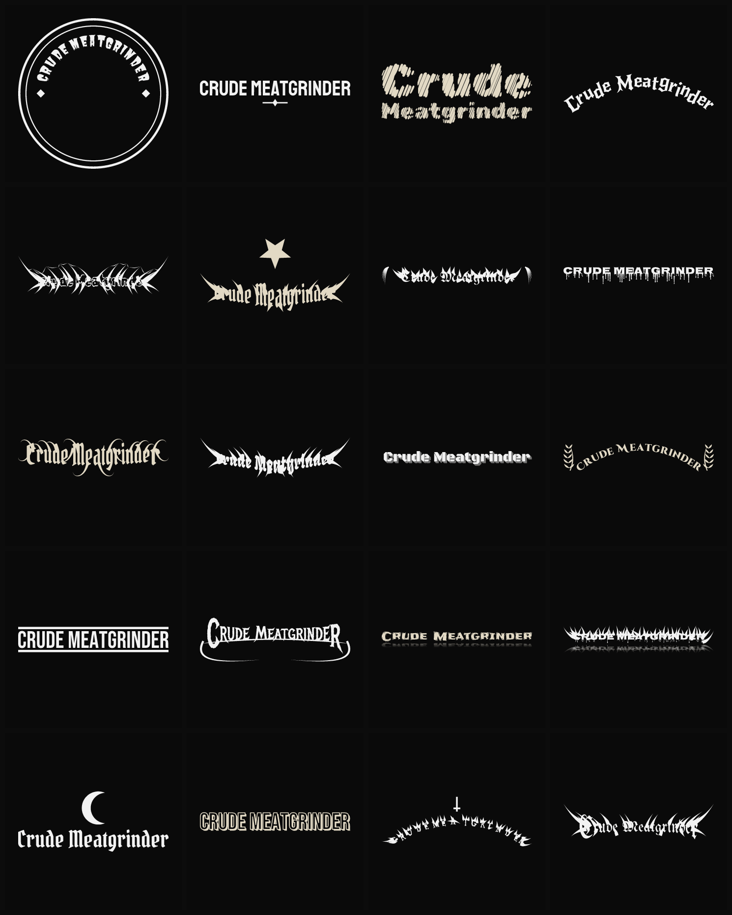 Twenty Crude Meatgrinder band logo ideas — different faces, treatments and spike settings