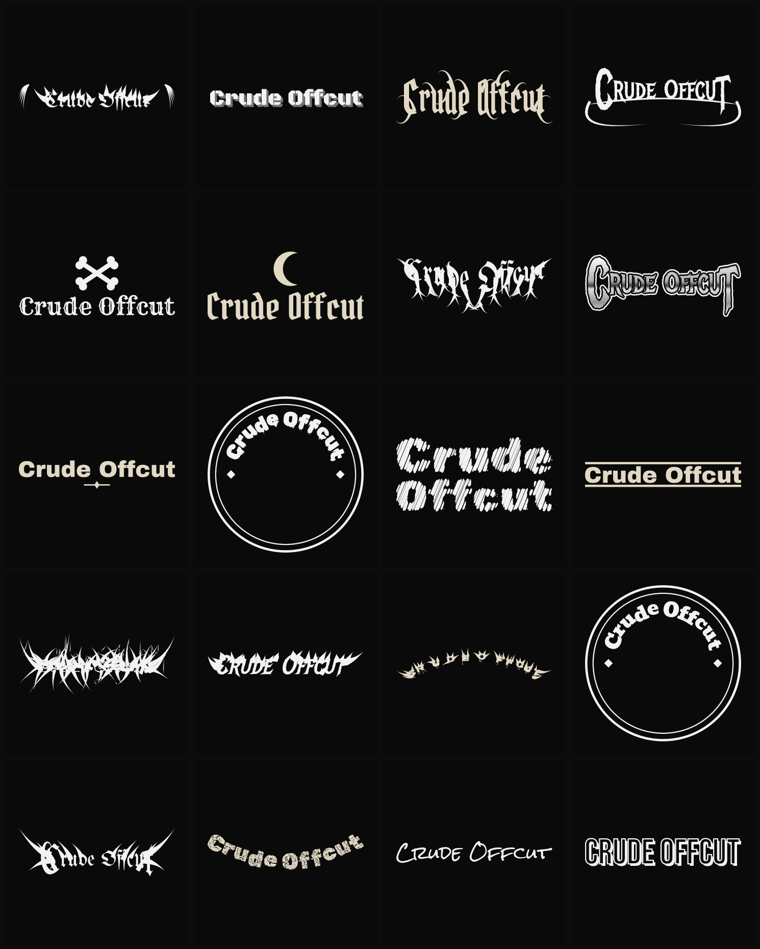Twenty Crude Offcut band logo ideas — different faces, treatments and spike settings