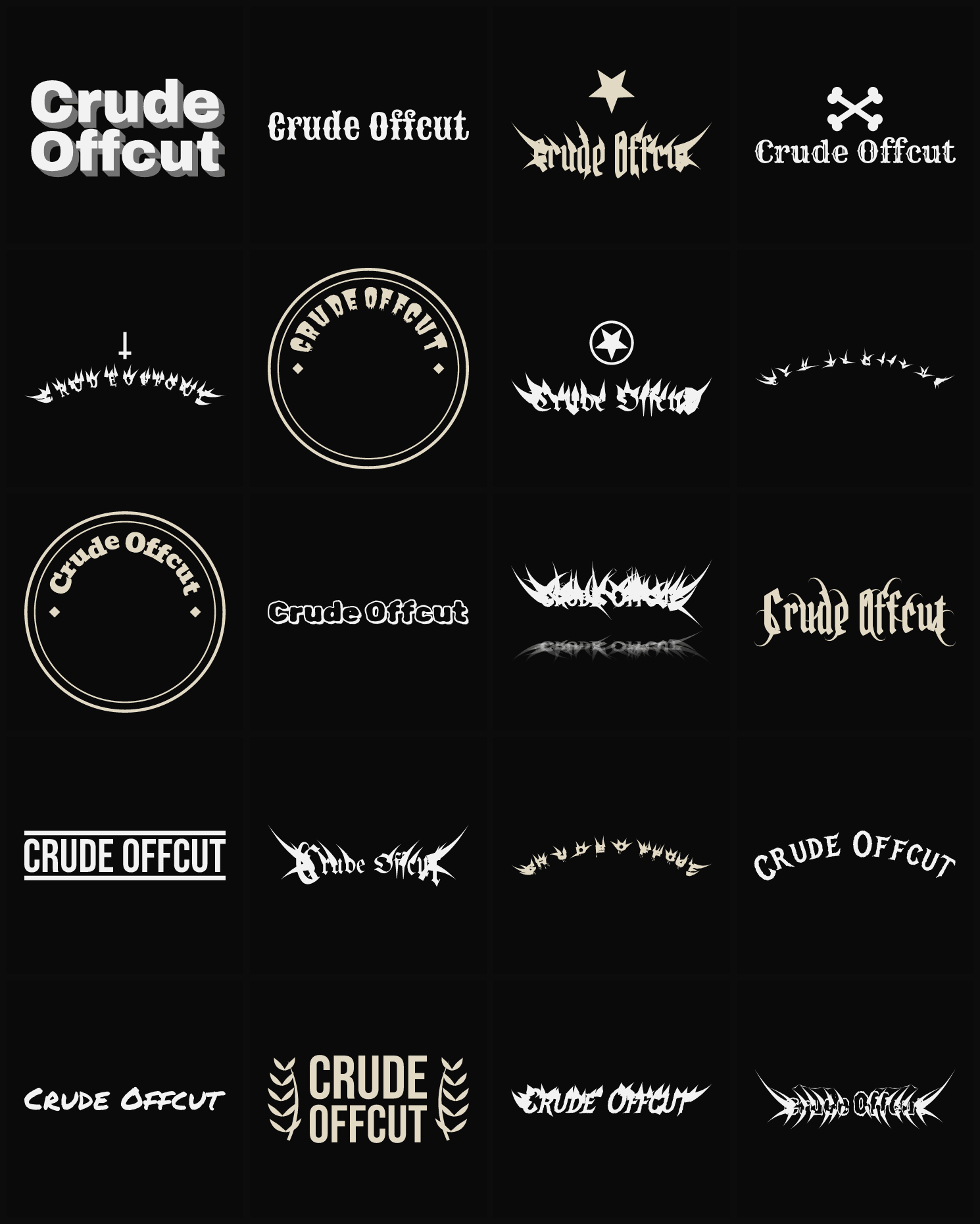 Twenty Crude Offcut band logo ideas — different faces, treatments and spike settings