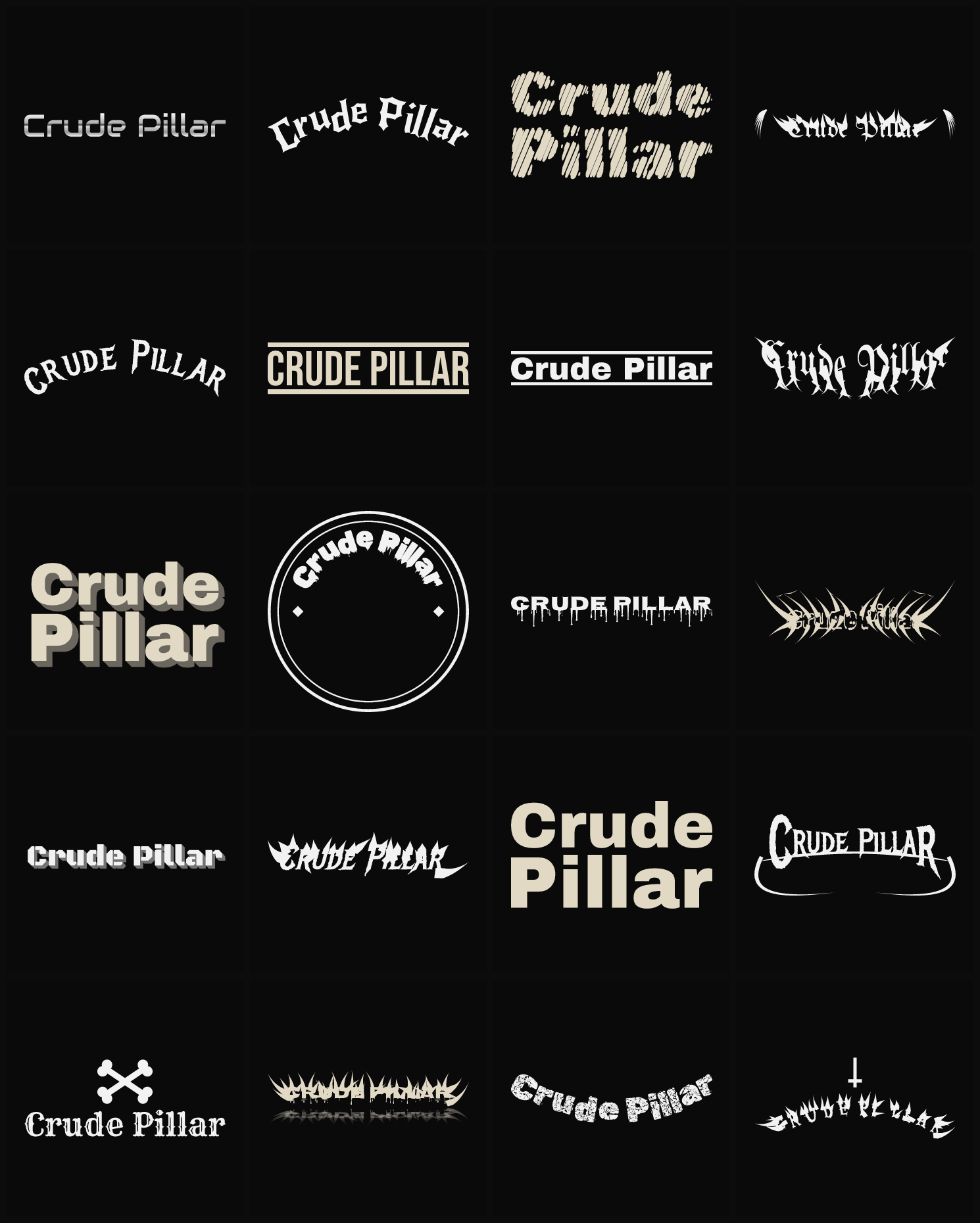 Twenty Crude Pillar band logo ideas — different faces, treatments and spike settings