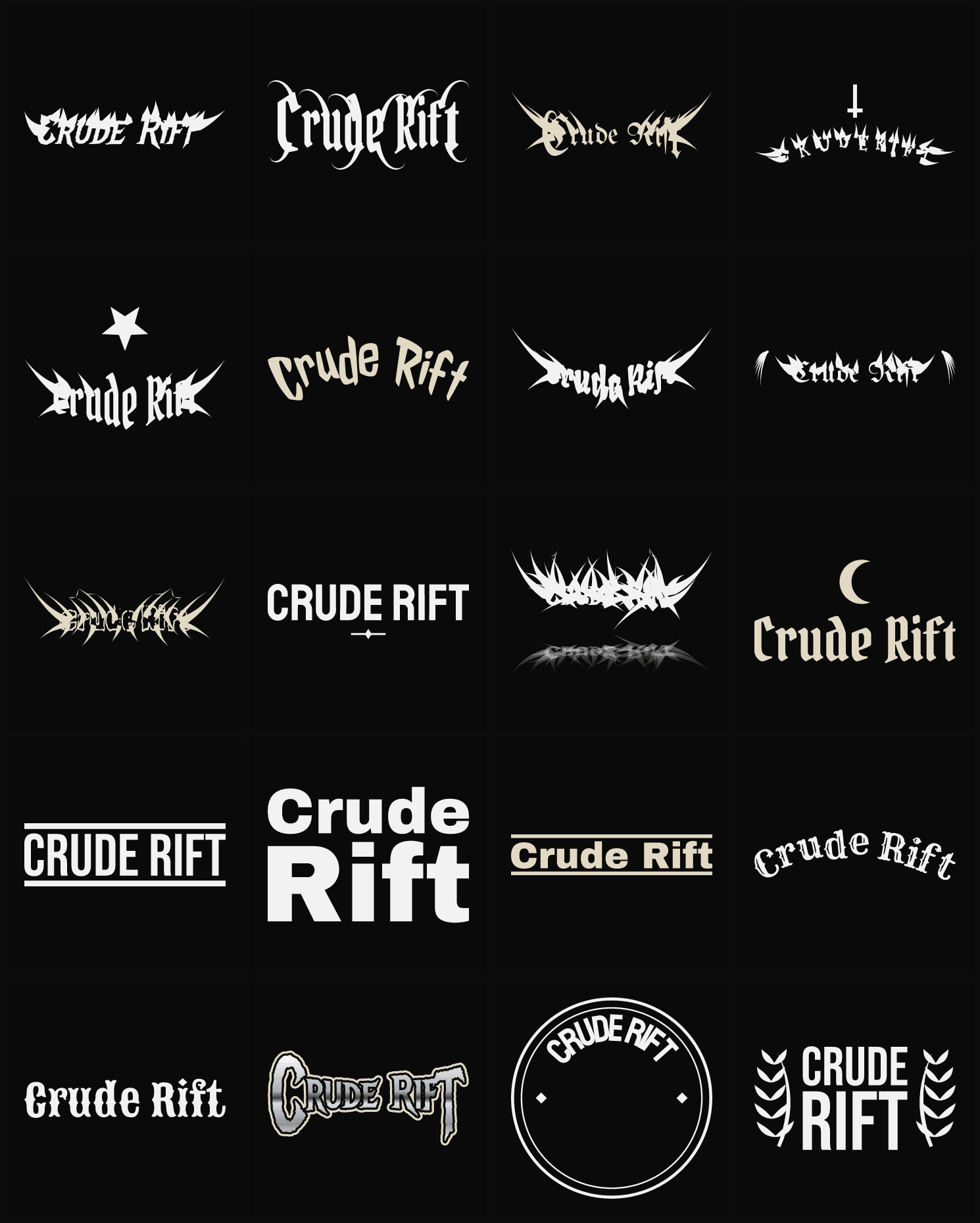 Twenty Crude Rift band logo ideas — different faces, treatments and spike settings