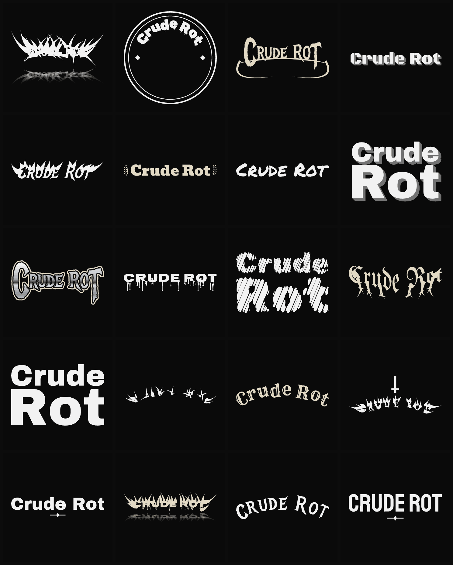 Twenty Crude Rot band logo ideas — different faces, treatments and spike settings