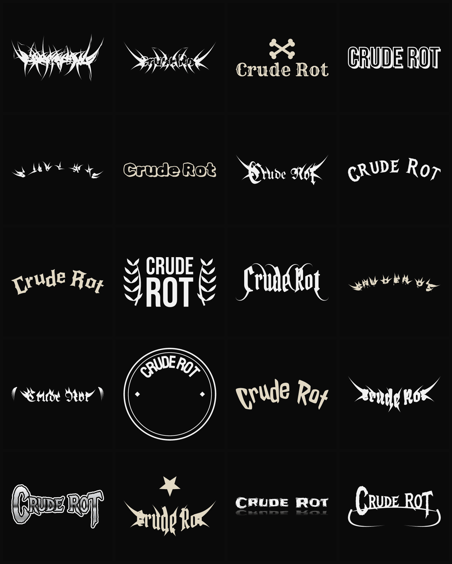 Twenty Crude Rot band logo ideas — different faces, treatments and spike settings