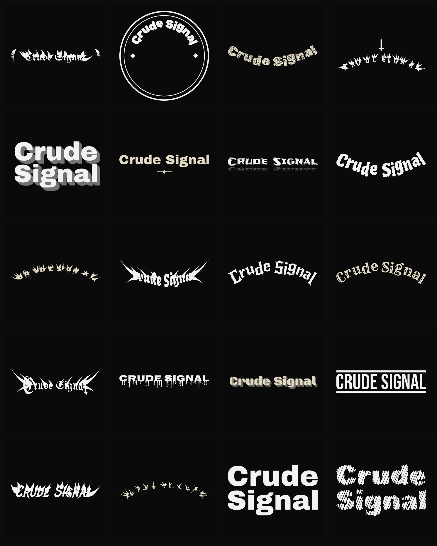 Twenty Crude Signal band logo ideas — different faces, treatments and spike settings