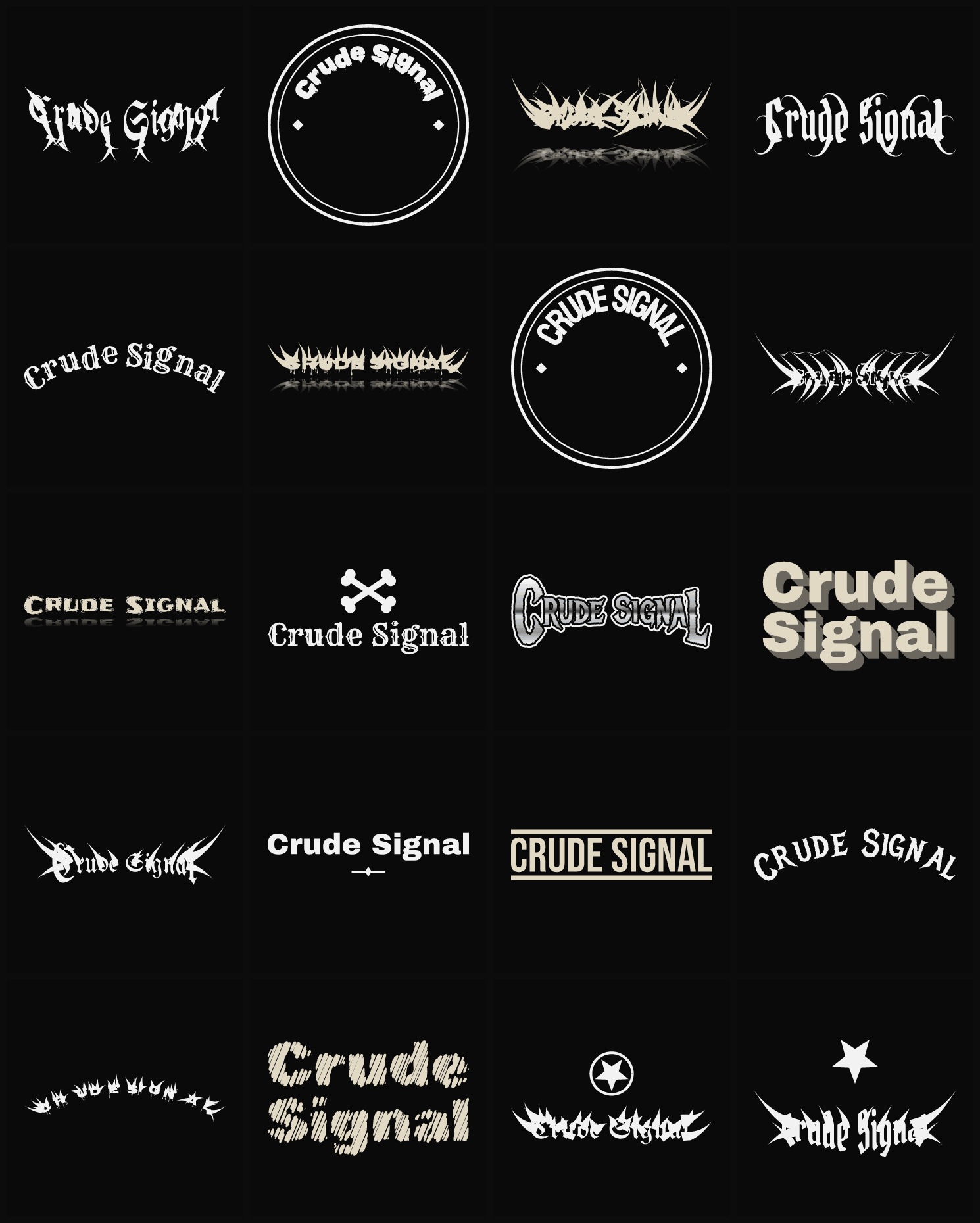 Twenty Crude Signal band logo ideas — different faces, treatments and spike settings