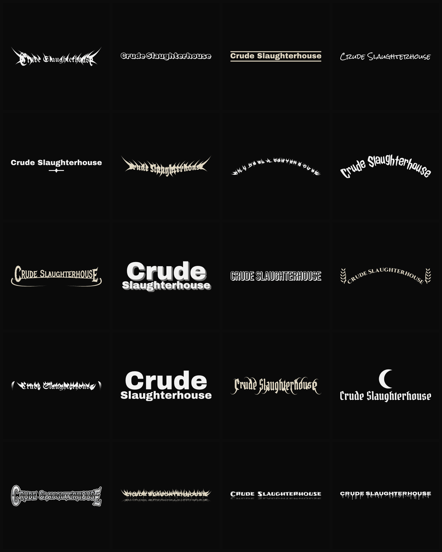 Twenty Crude Slaughterhouse band logo ideas — different faces, treatments and spike settings