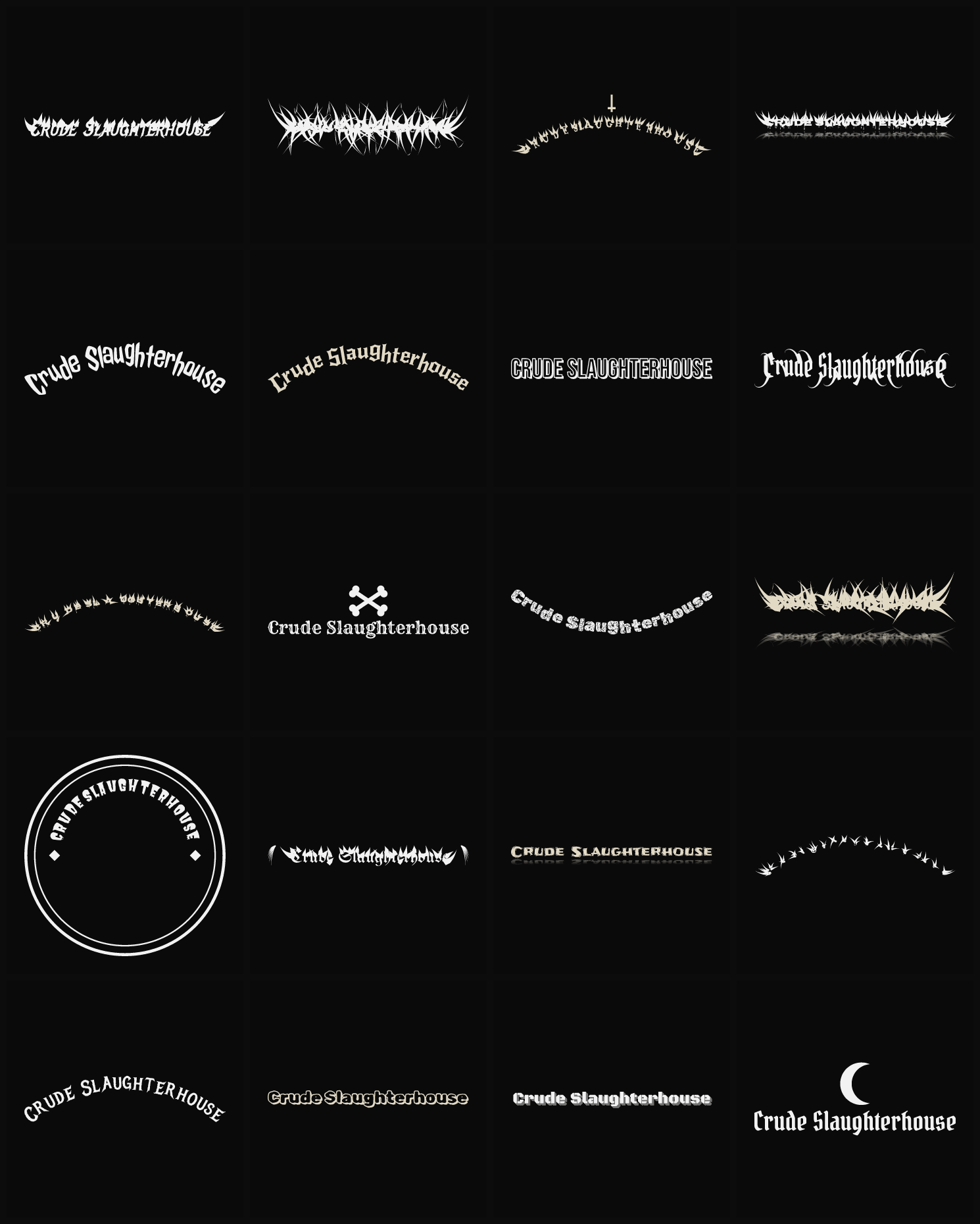 Twenty Crude Slaughterhouse band logo ideas — different faces, treatments and spike settings
