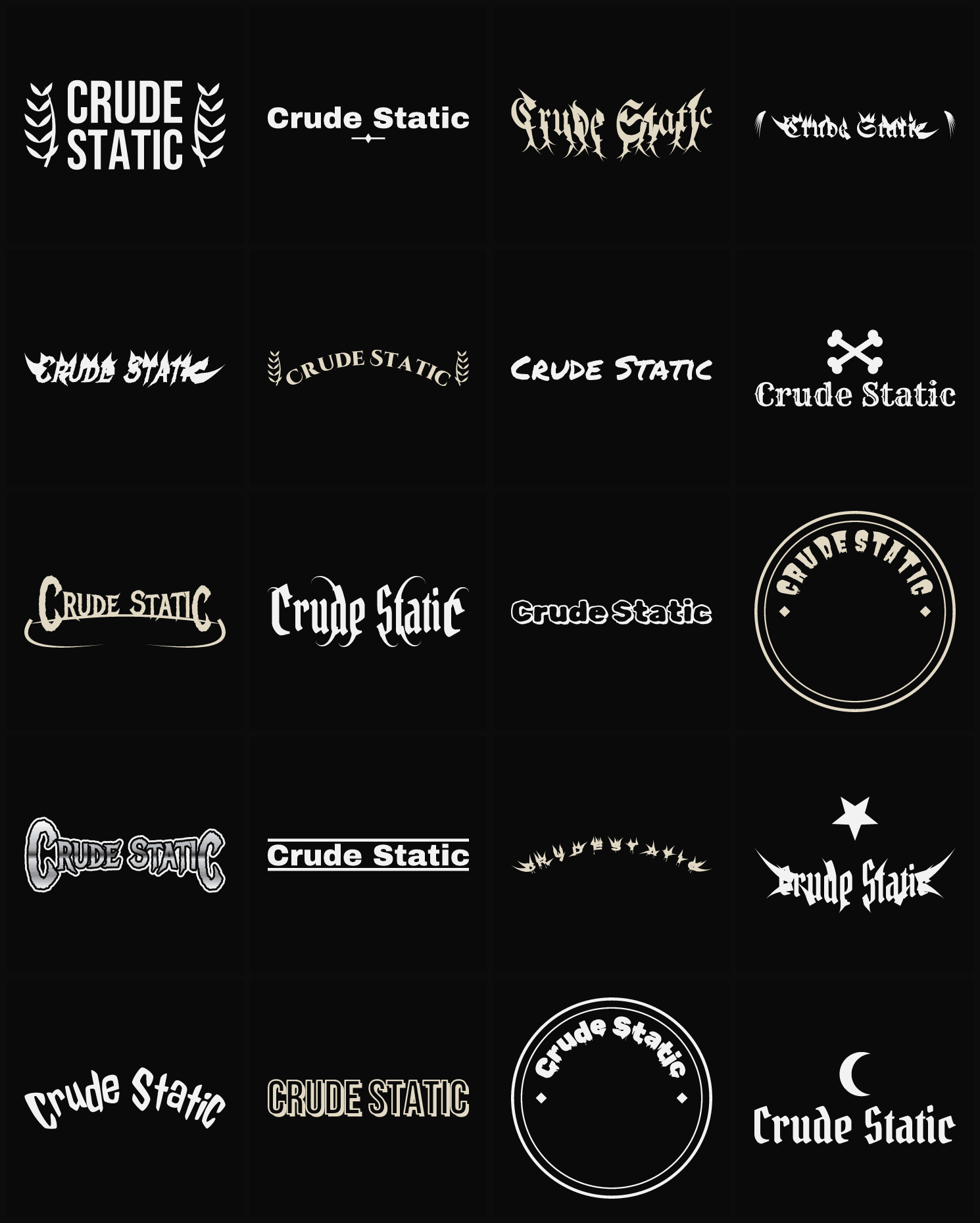 Twenty Crude Static band logo ideas — different faces, treatments and spike settings
