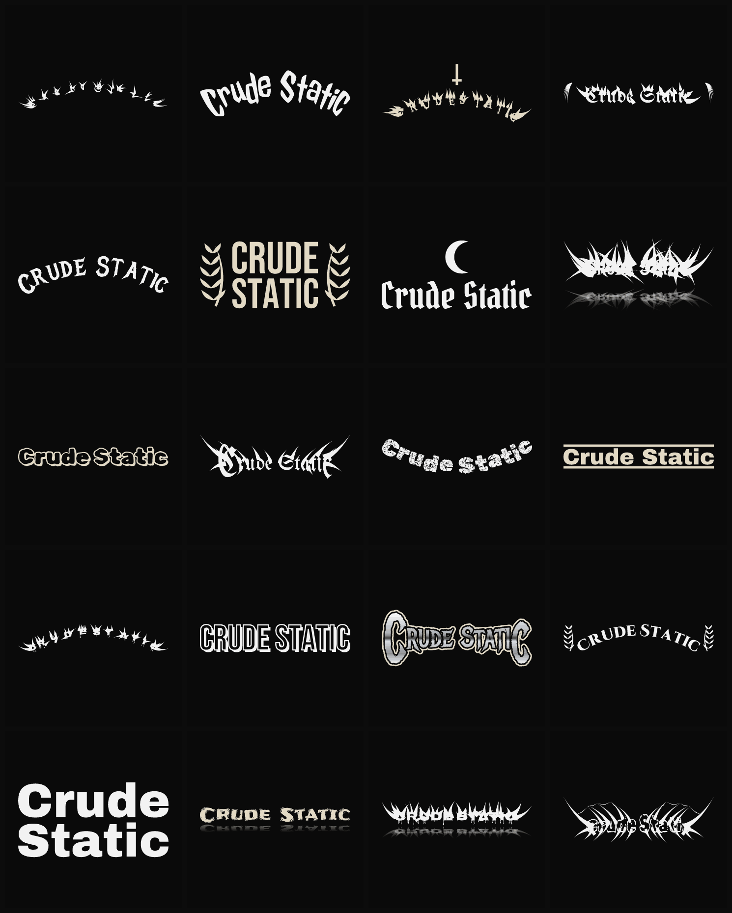 Twenty Crude Static band logo ideas — different faces, treatments and spike settings