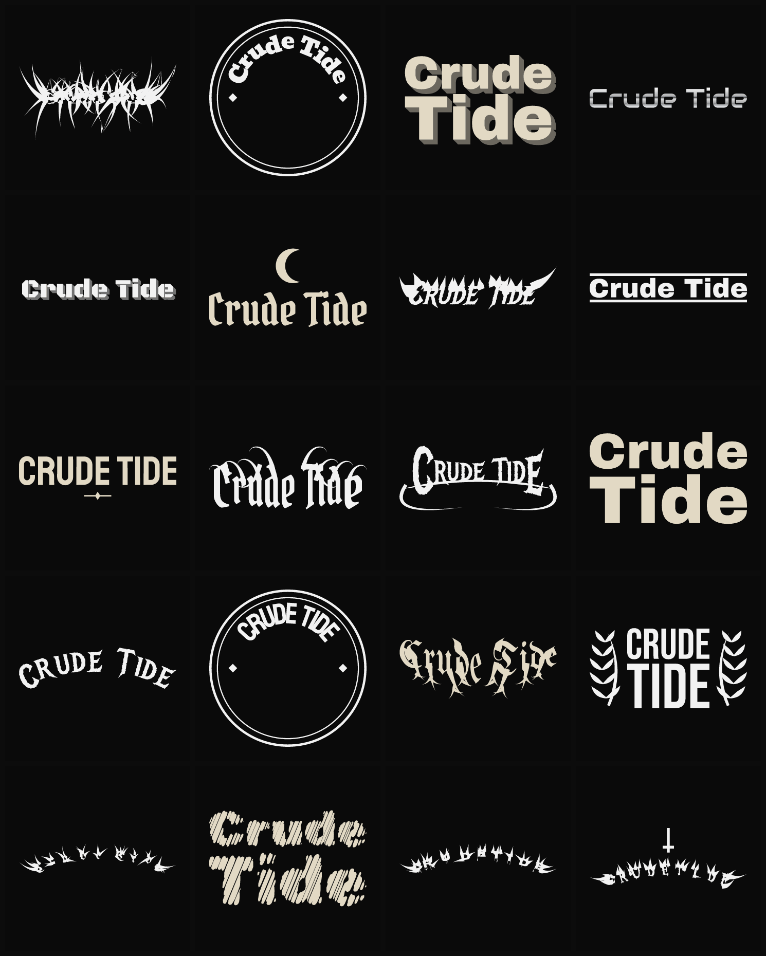 Twenty Crude Tide band logo ideas — different faces, treatments and spike settings