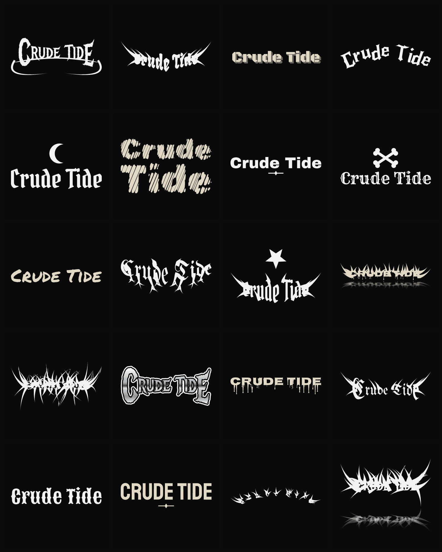 Twenty Crude Tide band logo ideas — different faces, treatments and spike settings