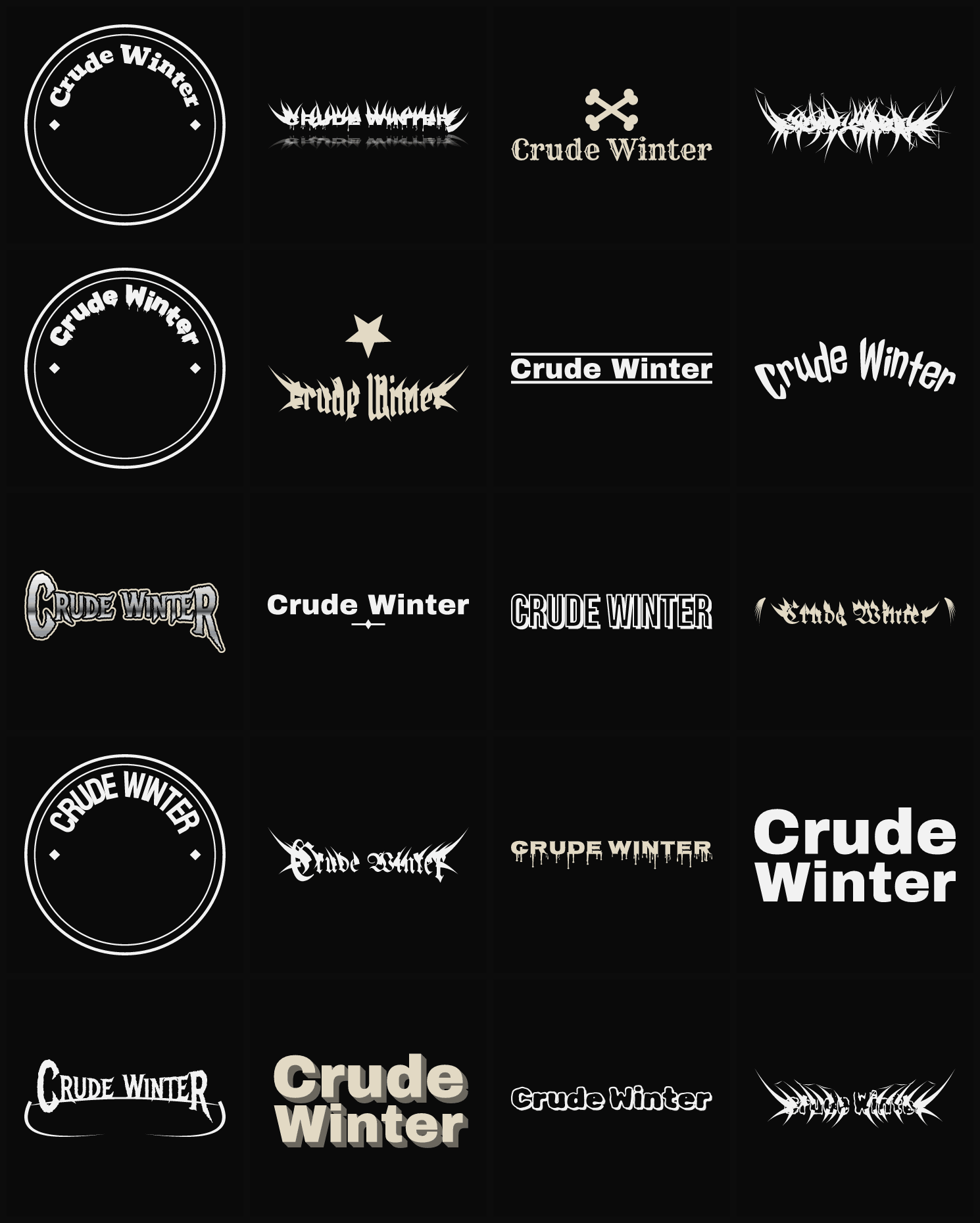 Twenty Crude Winter band logo ideas — different faces, treatments and spike settings