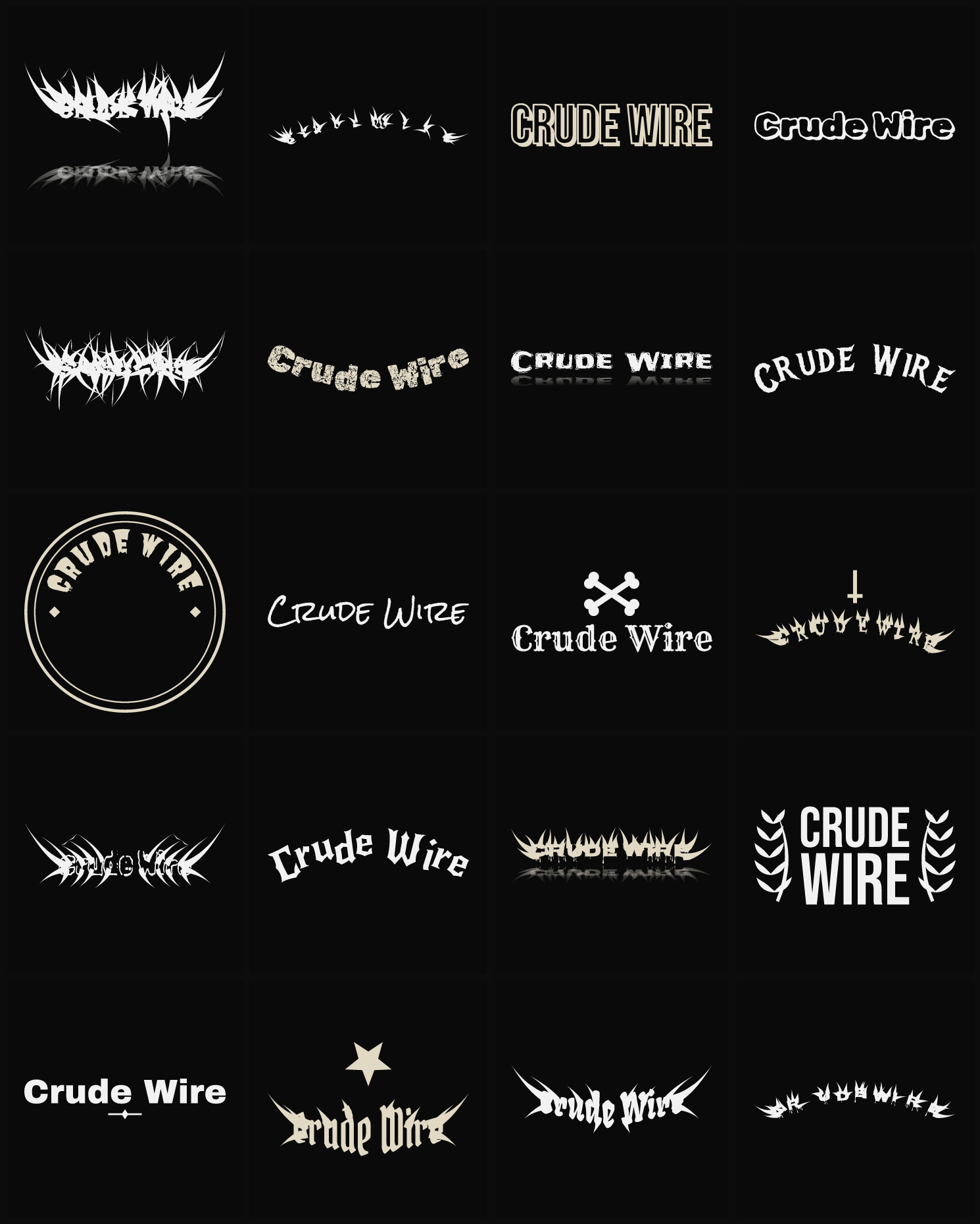 Twenty Crude Wire band logo ideas — different faces, treatments and spike settings